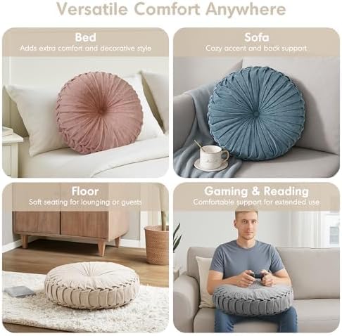 Intelligent Design Loretta Round Chenille Tufted Floor Pillow with Elegant Pleated Design, Large Boho & Vintage Decorative Throw Pillow for Sofa, Bed, or Chair, 22" x 6", Iovry