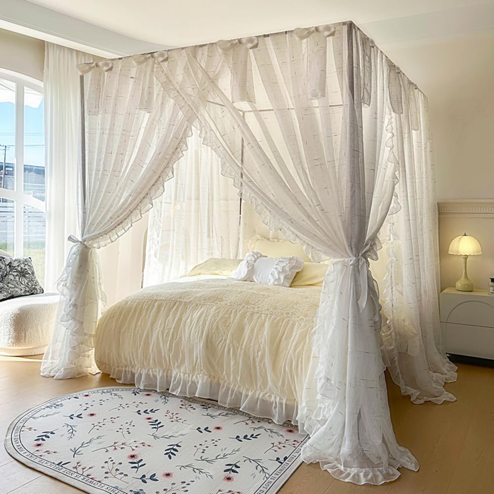 Mengersi Canopy Bed Curtains,Linen Bed Canopy Curtains 4 Corner Bed Drapes Canopy Curtains for Bedroom Decor (Ivory,Full)