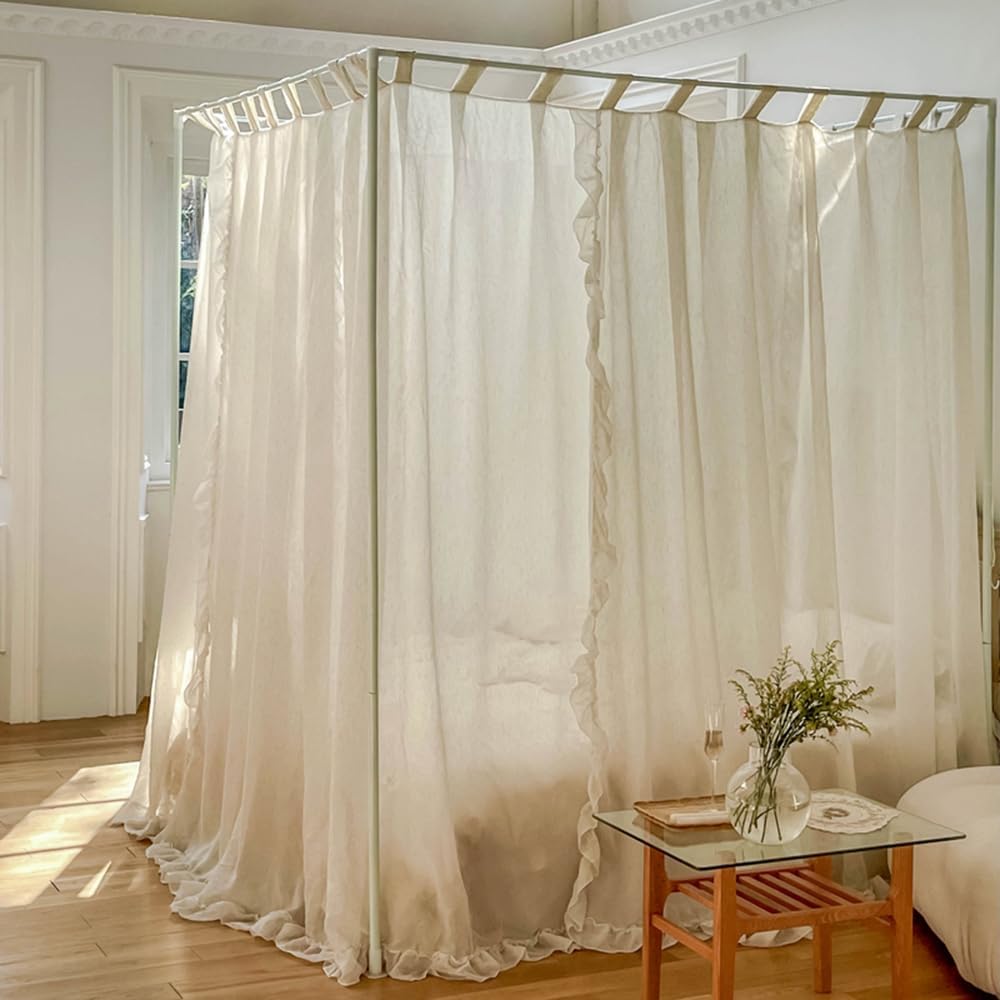 Mengersi Canopy Bed Curtains,Linen Bed Canopy Curtains 4 Corner Bed Drapes Canopy Curtains for Bedroom Decor (Ivory,Full)
