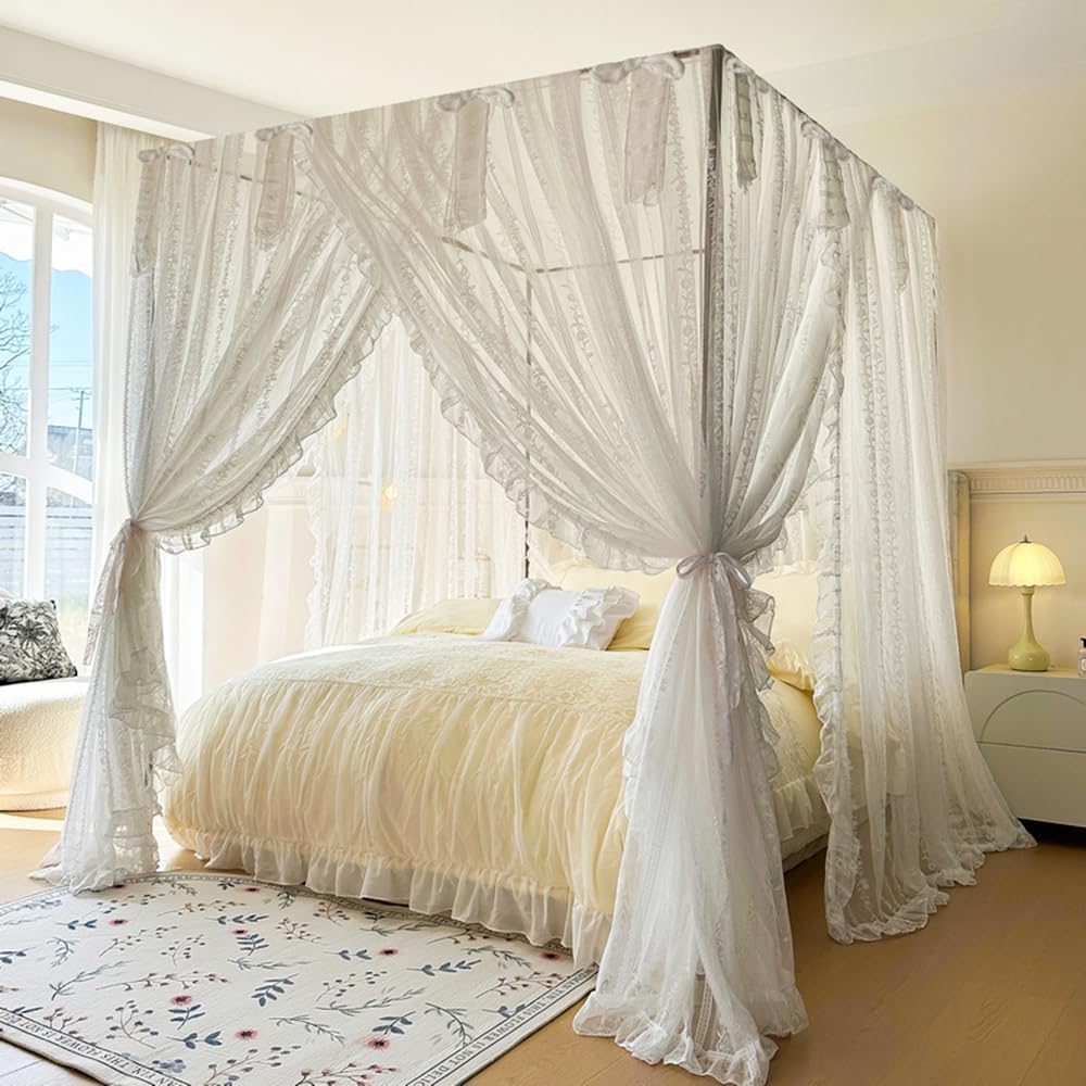 Mengersi Canopy Bed Curtains,Linen Bed Canopy Curtains 4 Corner Bed Drapes Canopy Curtains for Bedroom Decor (Ivory,Full)