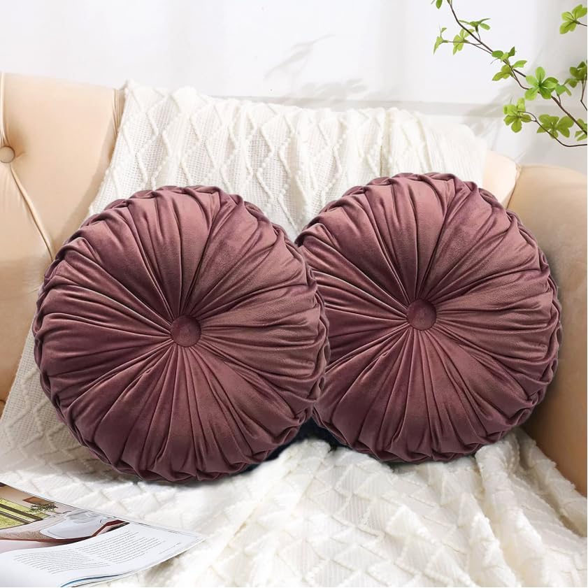 HIG Set of 2 Decorative Round Pleated Throw Pillows, Classy Accent Pumpkin Throw Pillows with Center Button, Vintage Velvet Floor Pillows for Sofa Couch Vanity Chair Bed, Olive, 14.5" Diameter(Ripple)