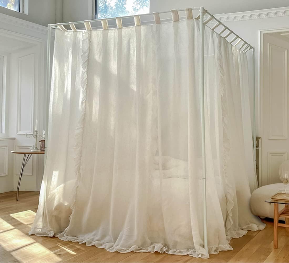 Mengersi Canopy Bed Curtains,Linen Bed Canopy Curtains 4 Corner Bed Drapes Canopy Curtains for Bedroom Decor (Ivory,Full)