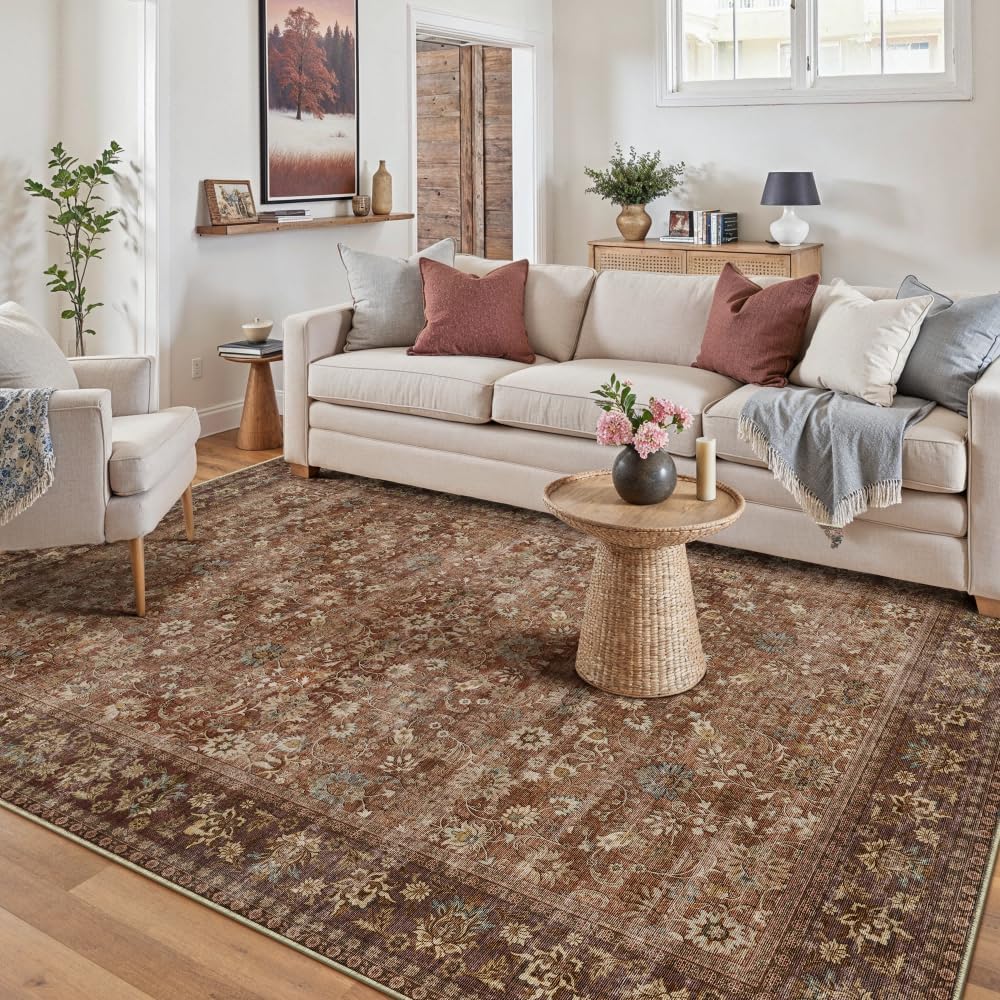 HUGEAR 8x10 Machine Washable Rugs Brown Hallway Large Area Rug Indoor Accent Rug Floral Low Pile Carpet Soft Throw Aesthetic Rug Bedroom Living Room Office Dining Room Kitchen Laundry Room