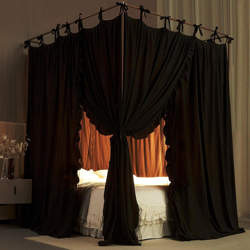 AIOOO 4 Corners Post Princess Curtain Bed Canopy Double Layer Cozy Mosquito Net Mesh and Cloth for Girls Adults Bedroom Decoration (Double-Black/Black, 78" W*86" L*82"*H/(King))