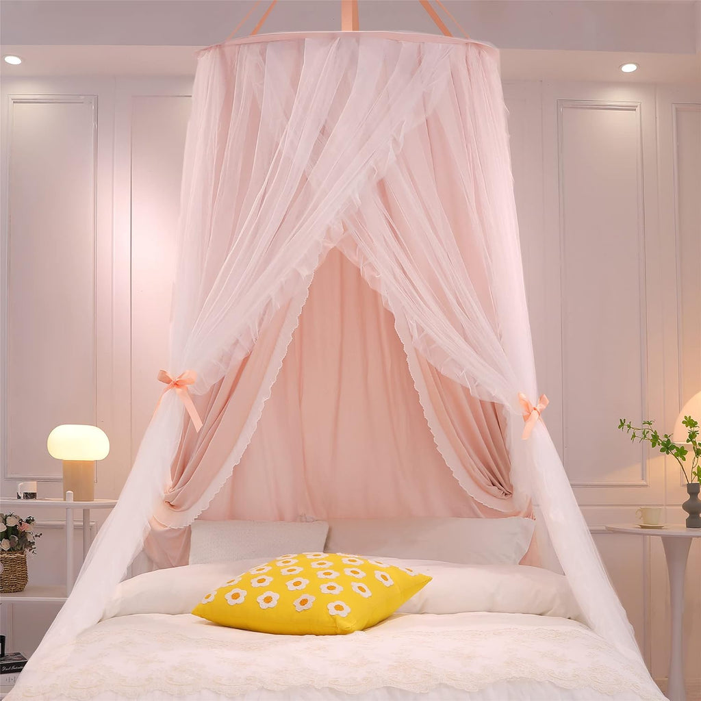 VETHIN Double Layer Princess Round Dome Canopy Bed Curtain for Girls Adults,Children Dreamy Mosquito Net,Cute Bedroom Decoration Castle Play Tent Reading Nook Canopies(Dome-Pink/White)