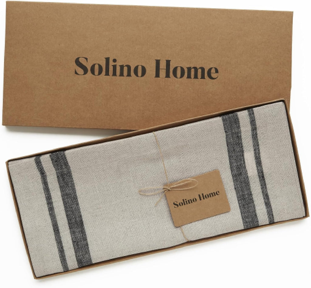 Solino Home Linen Table Runner 48 Inches - French Stripe, 100% Pure Linen Black and Natural Farmhouse Table Runner 14 x 48 Inch Ideal for Dresser and Coffee Tables - Spring, Easter