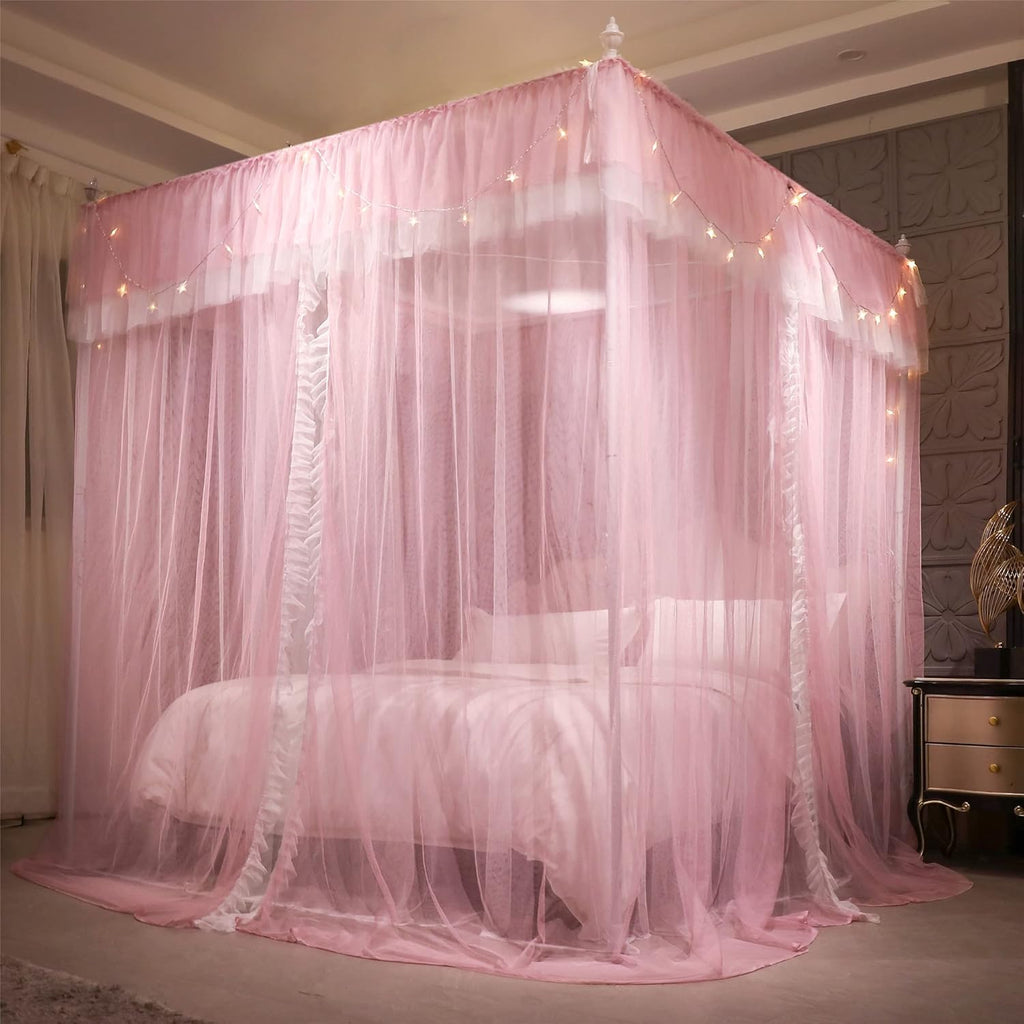 VETHIN 4 Corners Post Ruffle Princess Bed Canopy Curtain-Double Layer Cozy Drape Netting 4 Opening Mosquito Net for Girls Adults Bedroom Decoration (Pink/Whtie,59" W*82" L*82"*H/Queen)