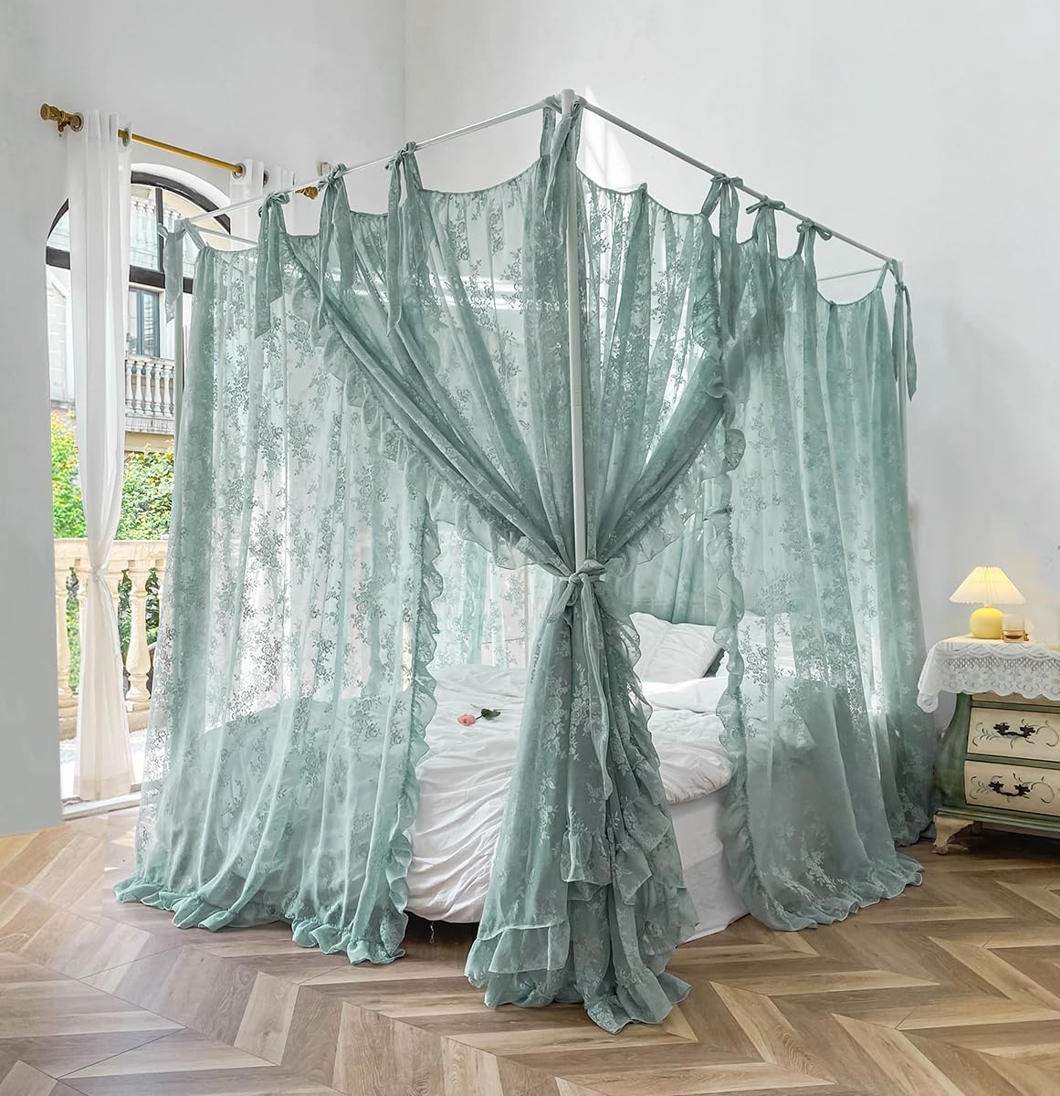 Mengersi Canopy Bed Curtains,Linen Bed Canopy Curtains 4 Corner Bed Drapes Canopy Curtains for Bedroom Decor (Ivory,Full)