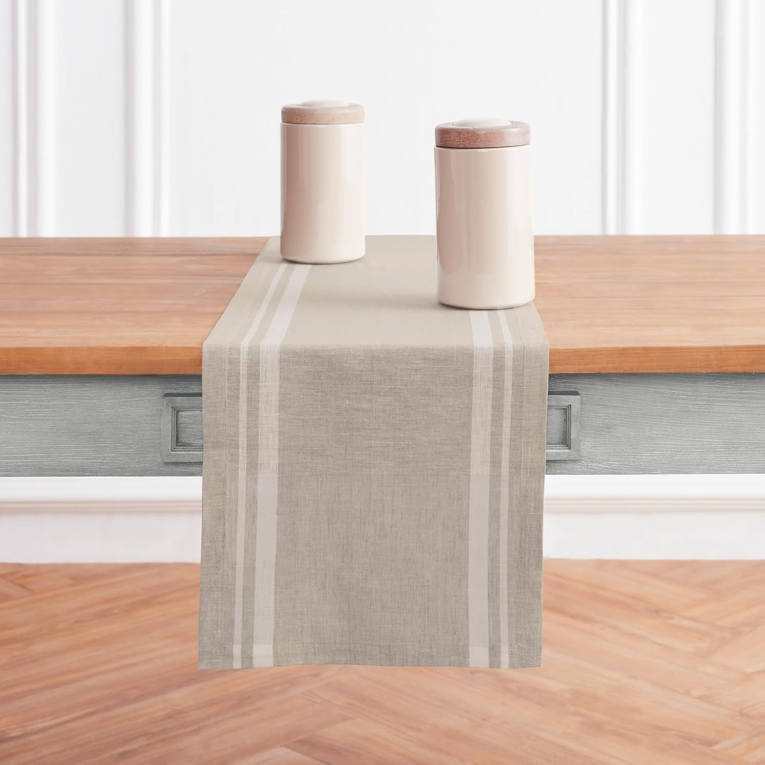 Solino Home Linen Table Runner 48 Inches - French Stripe, 100% Pure Linen Black and Natural Farmhouse Table Runner 14 x 48 Inch Ideal for Dresser and Coffee Tables - Spring, Easter