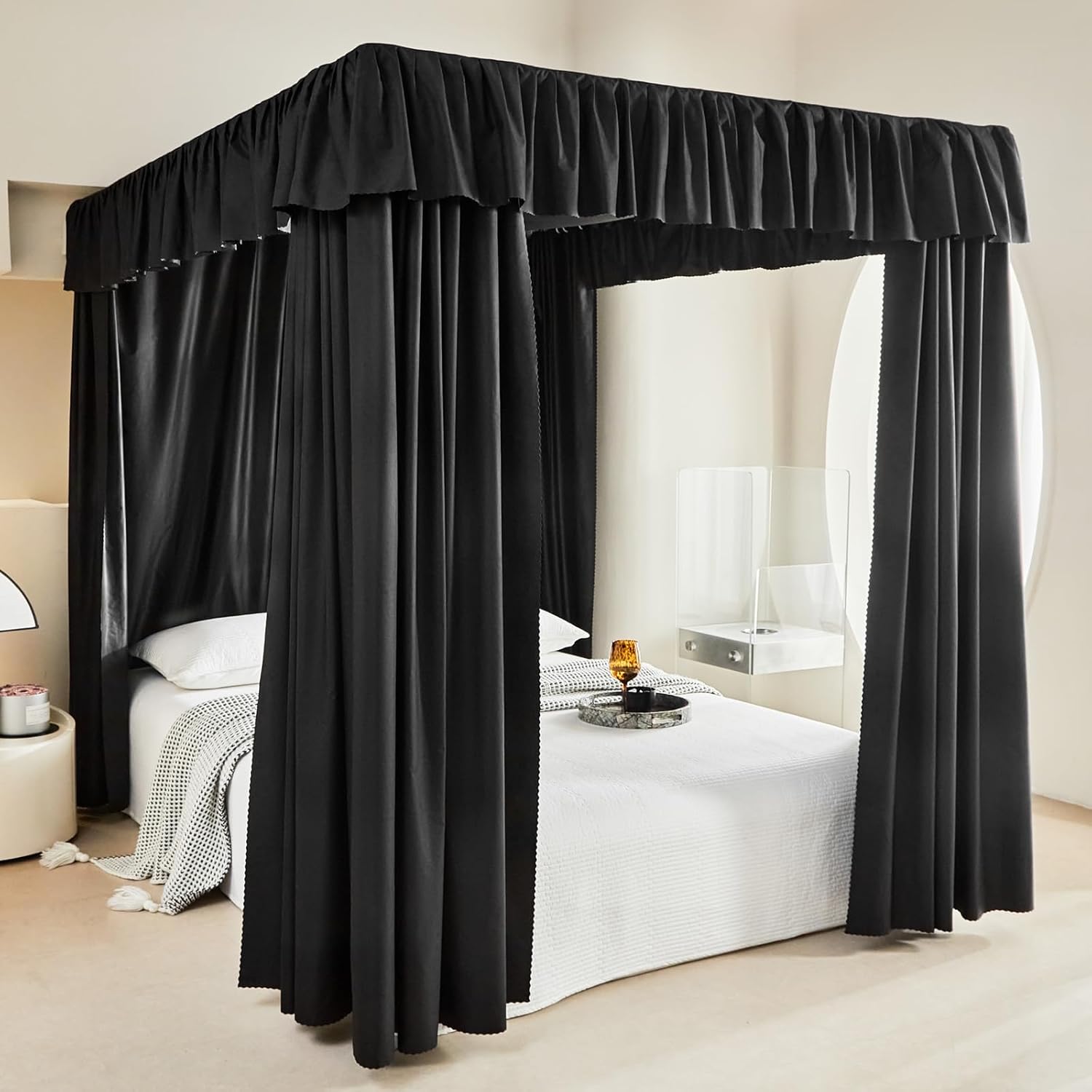 AIKASY Black Thickened Bed Canopy Curtains - Elegant Bedroom Decor for Adults and Girls - Strong Lightproof and Windproof Design(Queen, Black)