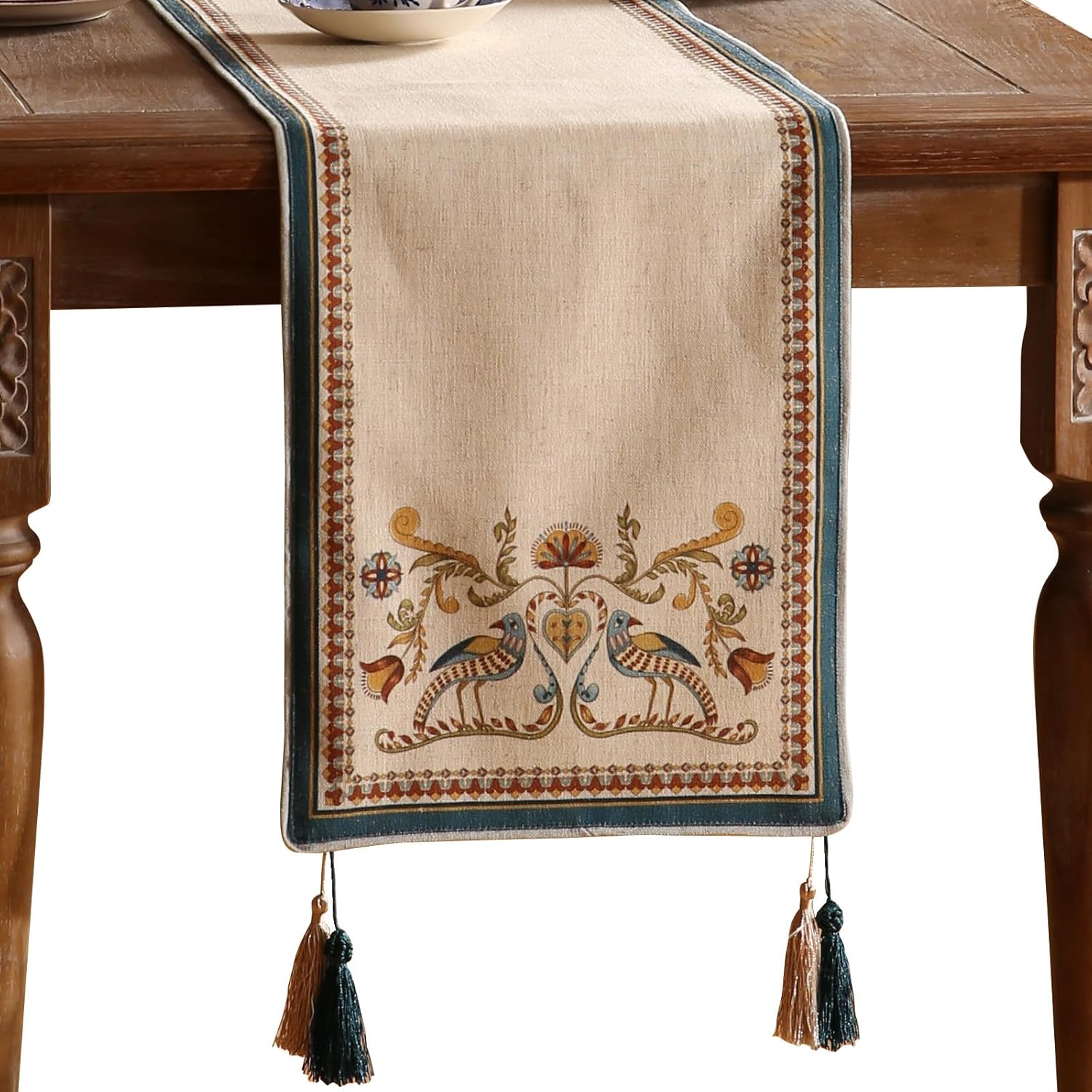 patdrea Designer Blue Cottage Rustic Floral Patterned Linen Table Runner 102 Inch Long,Wrinkle Resistant Table Mat,Decoration for Kitchen Dining and Coffee Tables Banquet Christmas ,12"x102"