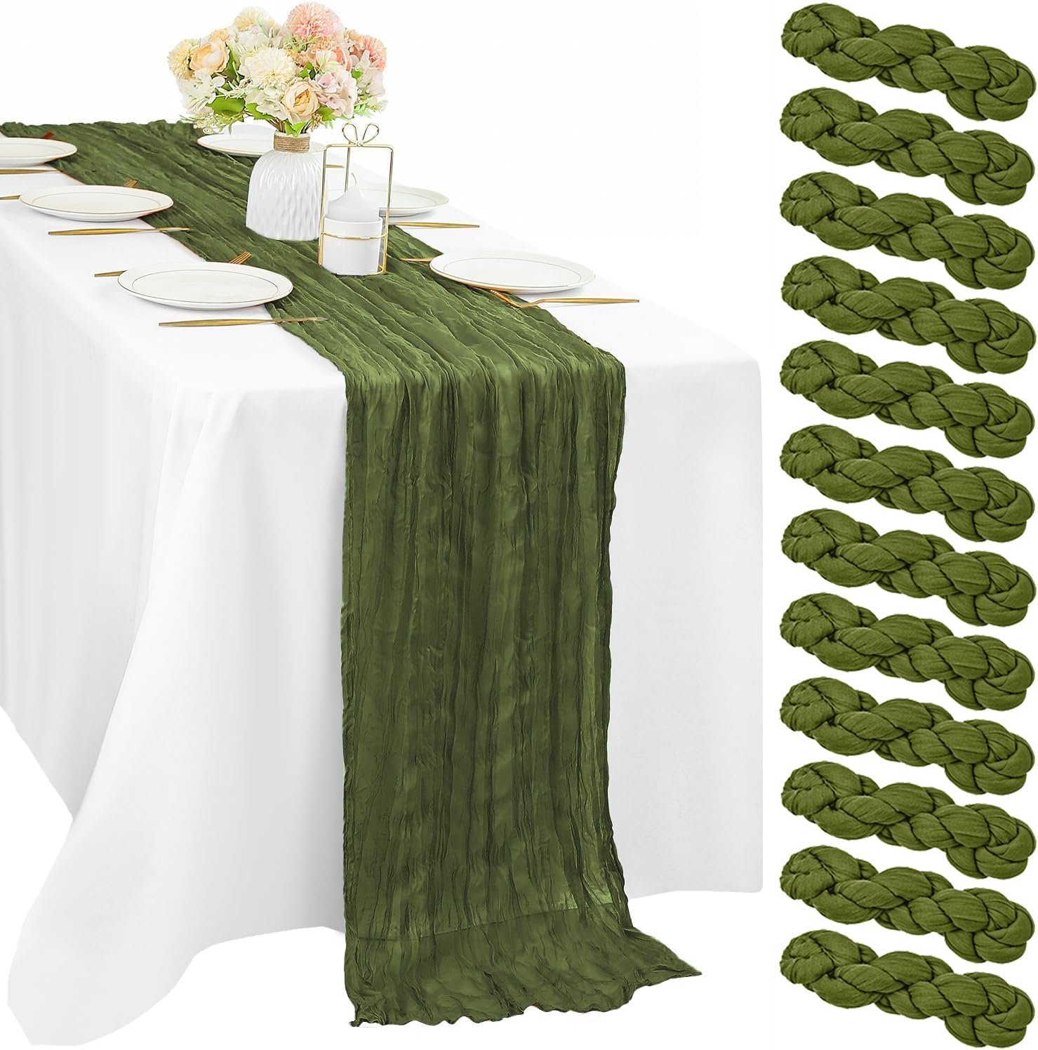 12 Pcs 10FT Sage Green Cheesecloth Table Runner 35 x 120 Inches Long Runner for Tables Gauze Fabric Boho Table Runner Decoration Rustic Sheer Runner for Wedding Baby Shower Birthday Party (Sage Green)