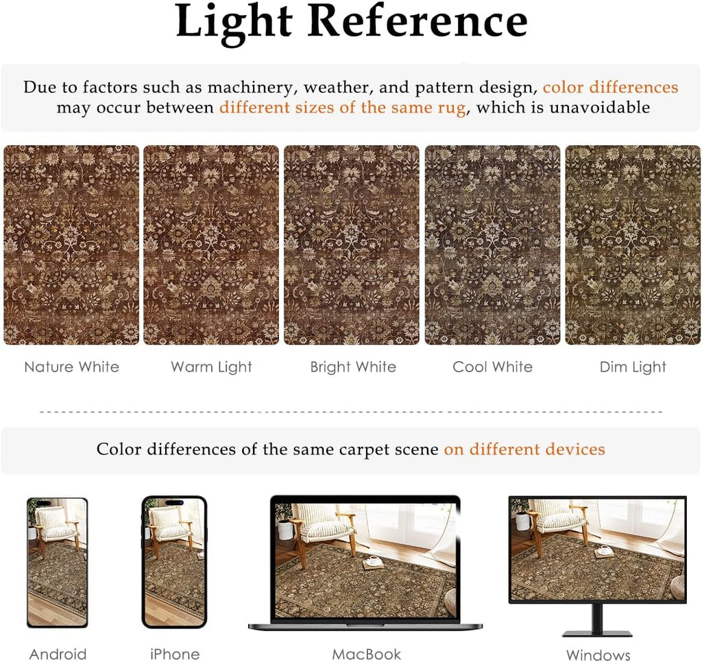 HUGEAR 8x10 Machine Washable Rugs Brown Hallway Large Area Rug Indoor Accent Rug Floral Low Pile Carpet Soft Throw Aesthetic Rug Bedroom Living Room Office Dining Room Kitchen Laundry Room