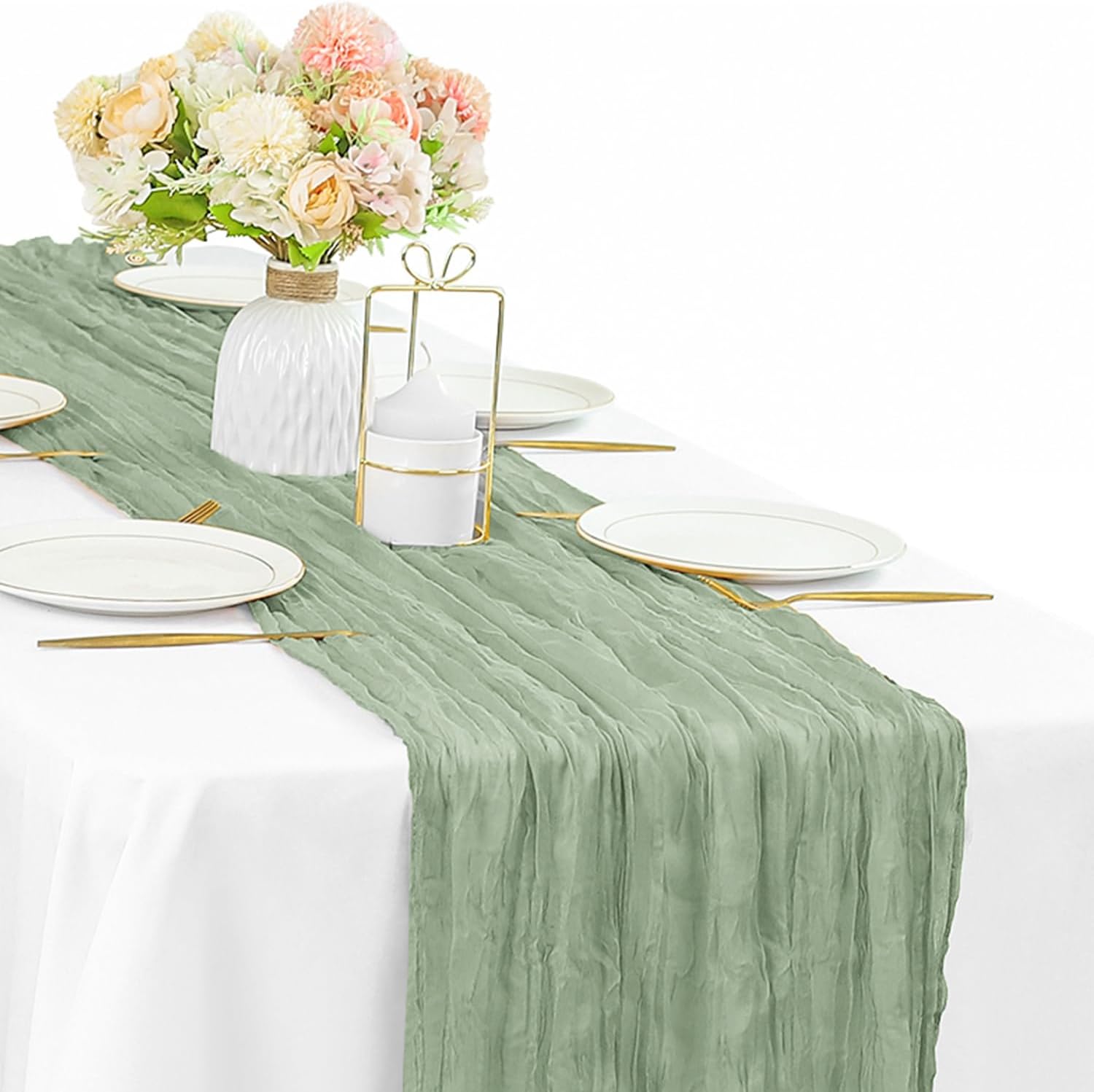 12 Pcs 10FT Sage Green Cheesecloth Table Runner 35 x 120 Inches Long Runner for Tables Gauze Fabric Boho Table Runner Decoration Rustic Sheer Runner for Wedding Baby Shower Birthday Party (Sage Green)