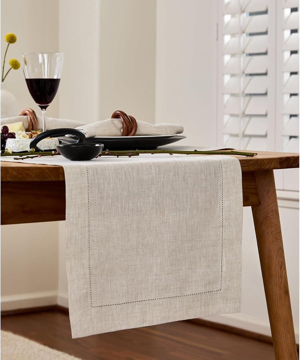 Solino Home Linen Hemstitch Table Runner 120 Inches Long - 100% Pure Linen Light Natural Table Runner 14 x 120 Inch for Spring, Easter - Classic Hemstitch