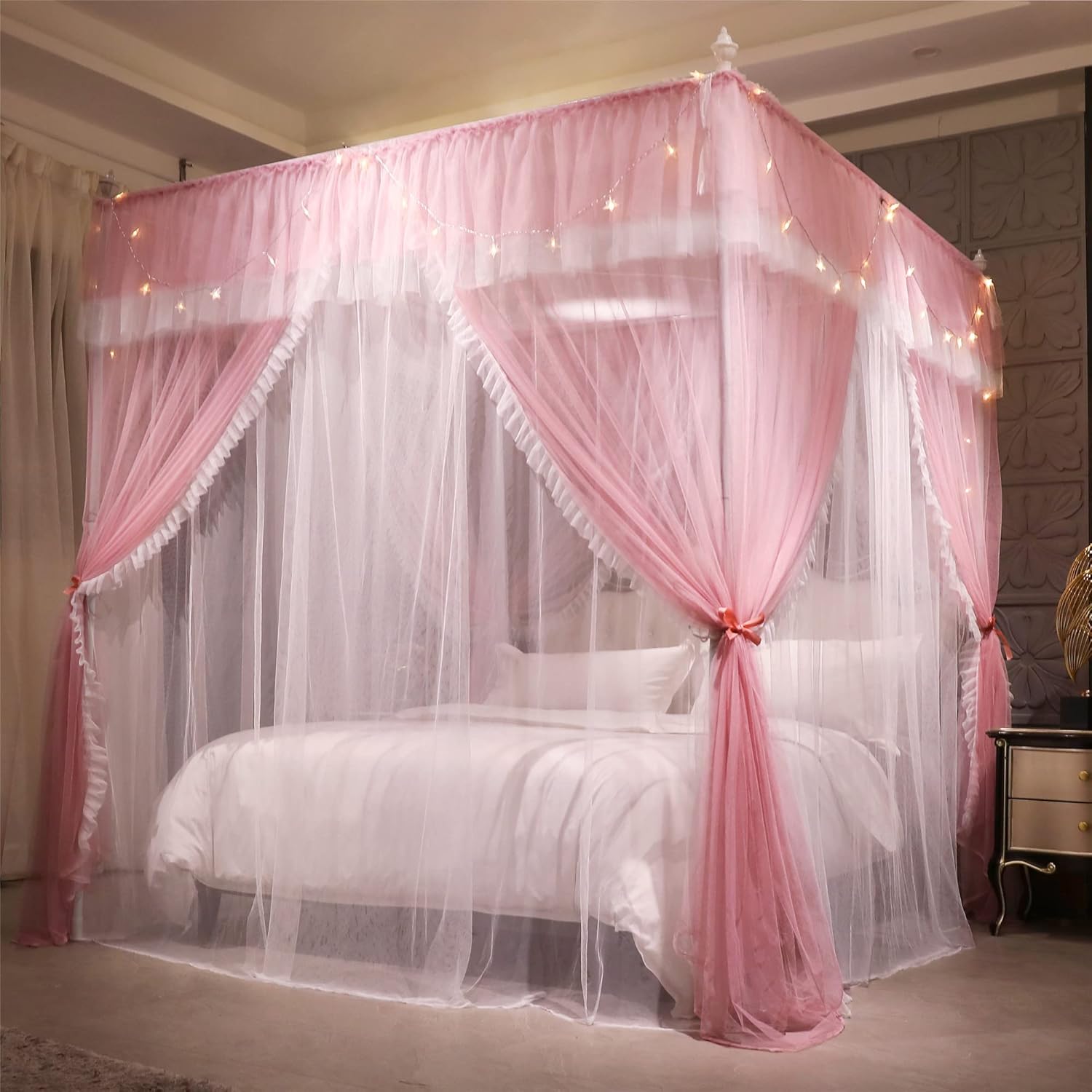 VETHIN 4 Corners Post Ruffle Princess Bed Canopy Curtain-Double Layer Cozy Drape Netting 4 Opening Mosquito Net for Girls Adults Bedroom Decoration (Pink/Whtie,59" W*82" L*82"*H/Queen)