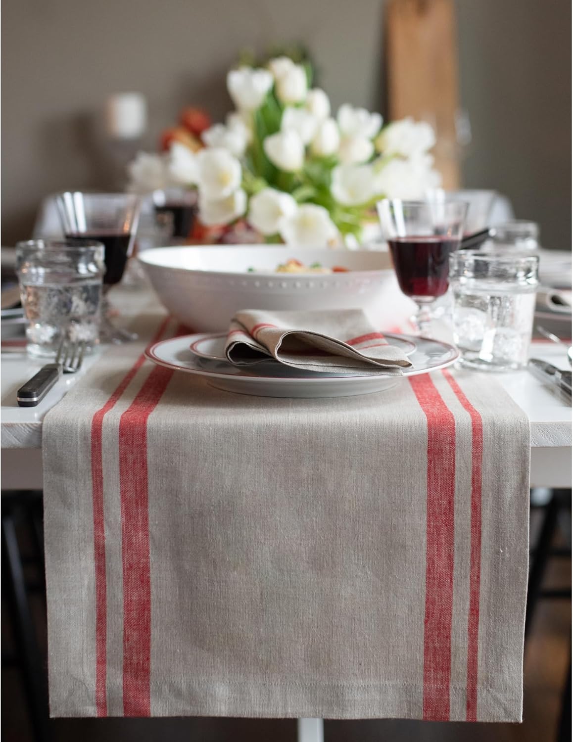 Solino Home Linen Table Runner 48 Inches - French Stripe, 100% Pure Linen Black and Natural Farmhouse Table Runner 14 x 48 Inch Ideal for Dresser and Coffee Tables - Spring, Easter