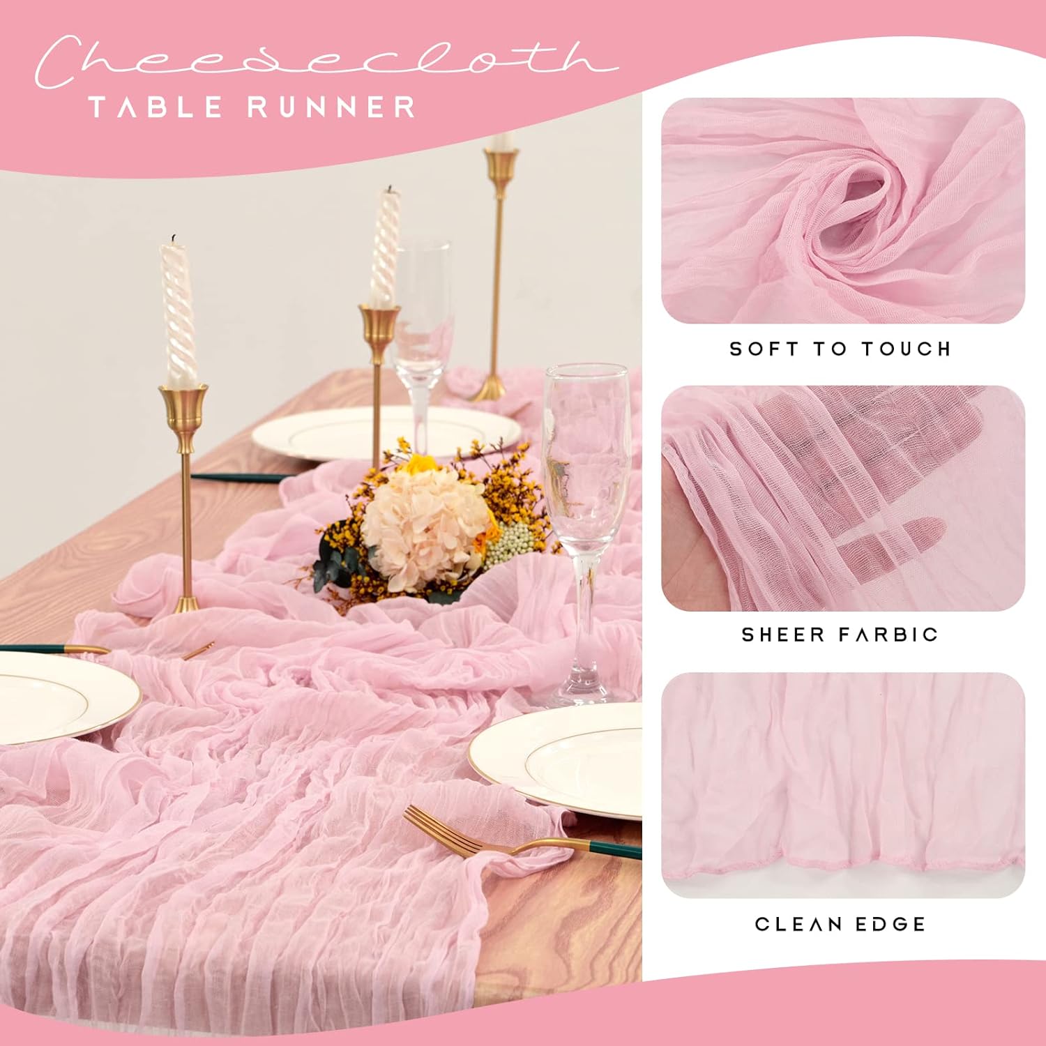 12 Pack Cheesecloth Table Runner 35 x 120 inch Long Boho Cheese Cloth Gauze Table Runners Semi Sheer Table Runner for Wedding Decor, Bridal Shower, Birthday Party (Light Pink)