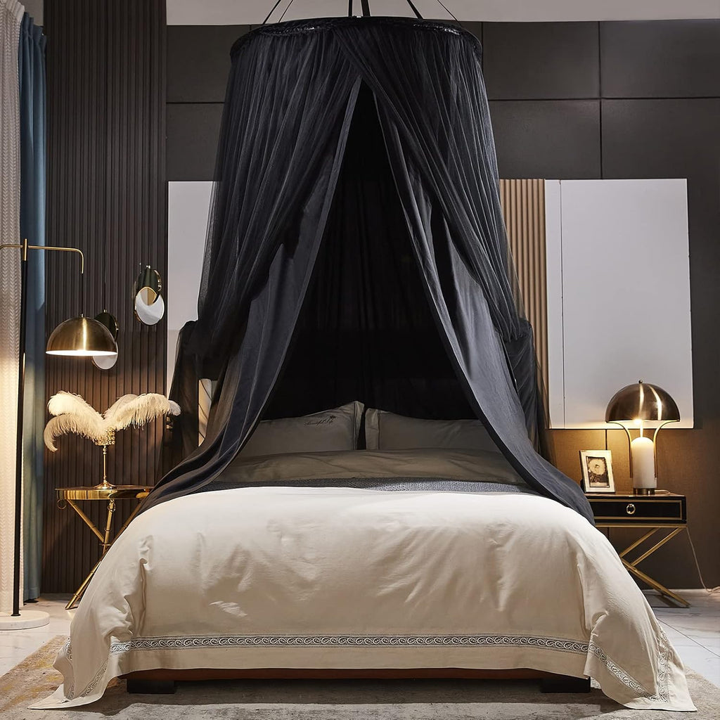 Kertnic Luxurious Bed Canopy for Girls & Adults - Double Layer Princess Canopy with Lace, Round Dome Mosquito Netting for Queen/King Bed Tent (Black)