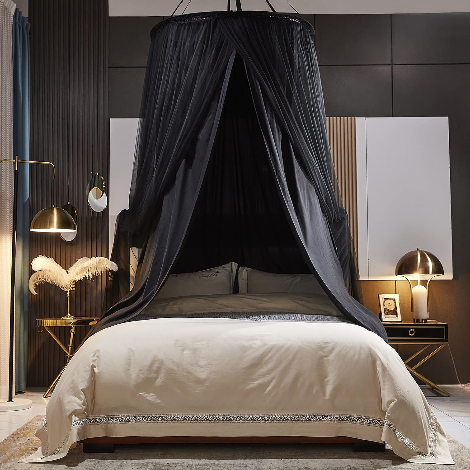 Kertnic Luxurious Bed Canopy for Girls & Adults - Double Layer Princess Canopy with Lace, Round Dome Mosquito Netting for Queen/King Bed Tent (Black)