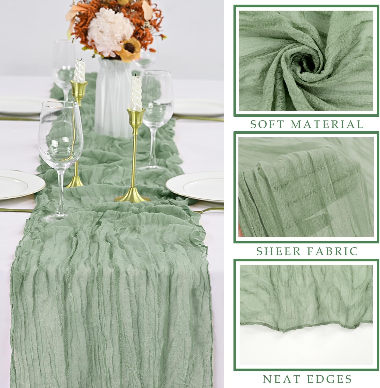 12 Pcs 10FT Sage Green Cheesecloth Table Runner 35 x 120 Inches Long Runner for Tables Gauze Fabric Boho Table Runner Decoration Rustic Sheer Runner for Wedding Baby Shower Birthday Party (Sage Green)