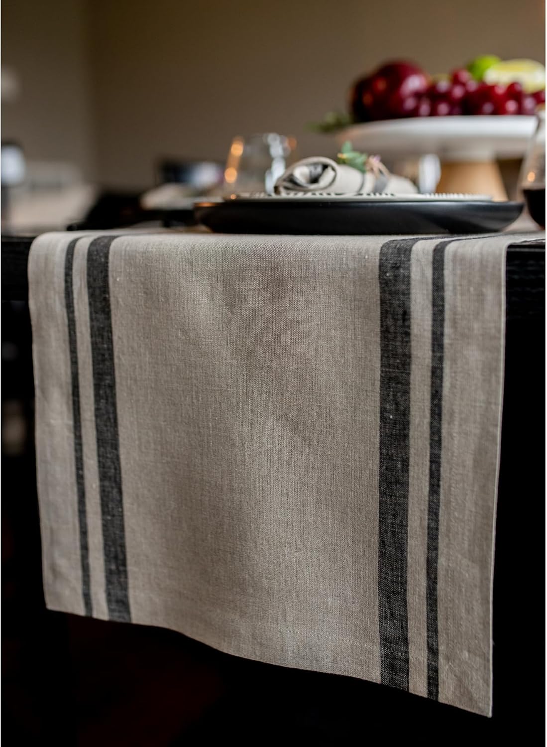 Solino Home Linen Table Runner 48 Inches - French Stripe, 100% Pure Linen Black and Natural Farmhouse Table Runner 14 x 48 Inch Ideal for Dresser and Coffee Tables - Spring, Easter