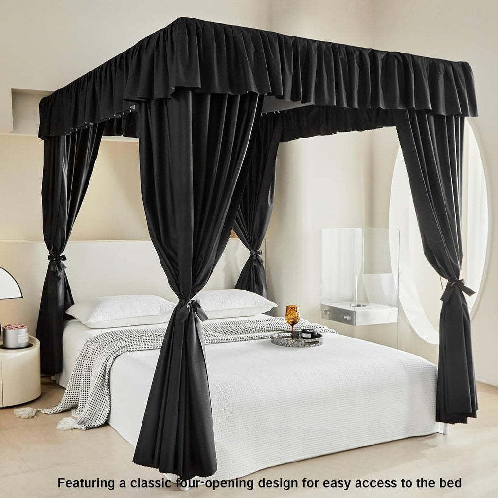AIKASY Black Thickened Bed Canopy Curtains - Elegant Bedroom Decor for Adults and Girls - Strong Lightproof and Windproof Design(Queen, Black)
