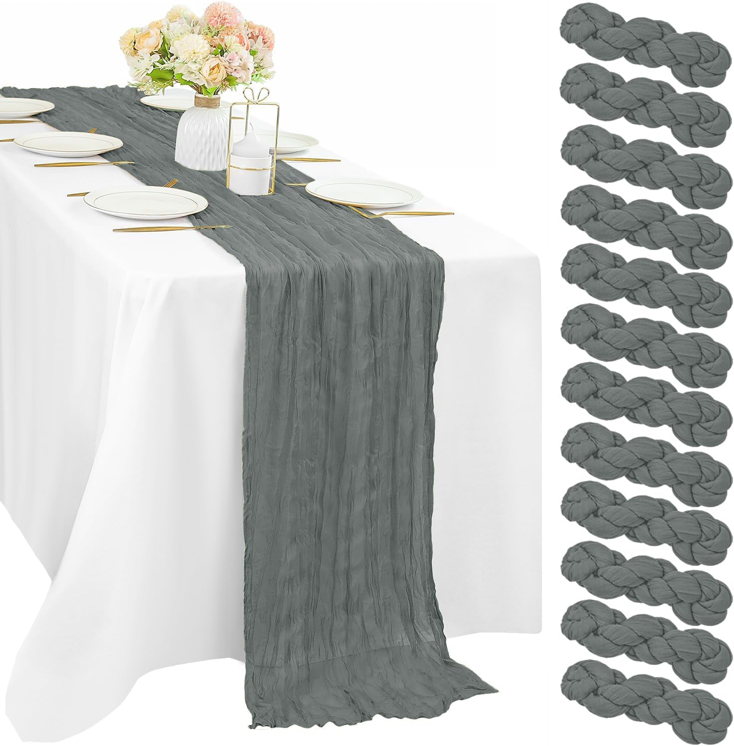 12 Pcs 10FT Sage Green Cheesecloth Table Runner 35 x 120 Inches Long Runner for Tables Gauze Fabric Boho Table Runner Decoration Rustic Sheer Runner for Wedding Baby Shower Birthday Party (Sage Green)