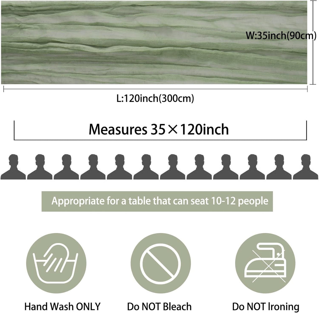 12 Pack 10Ft Cheesecloth Table Runner 35x120 Inch Boho Gauze Table Runner Cheese Cloth Long Romantic Table Runners for Wedding Bridal Shower Birthday Party Table Decor (Dusty Sage Green)