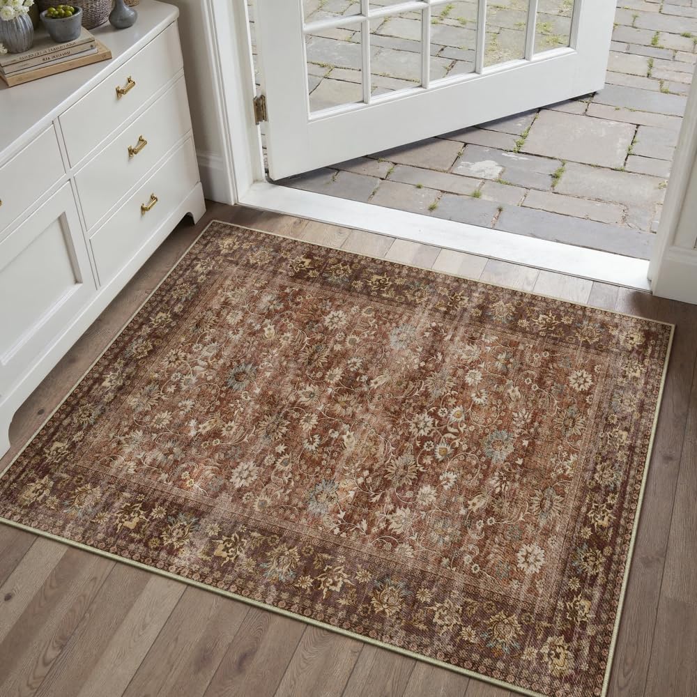 HUGEAR 8x10 Machine Washable Rugs Brown Hallway Large Area Rug Indoor Accent Rug Floral Low Pile Carpet Soft Throw Aesthetic Rug Bedroom Living Room Office Dining Room Kitchen Laundry Room