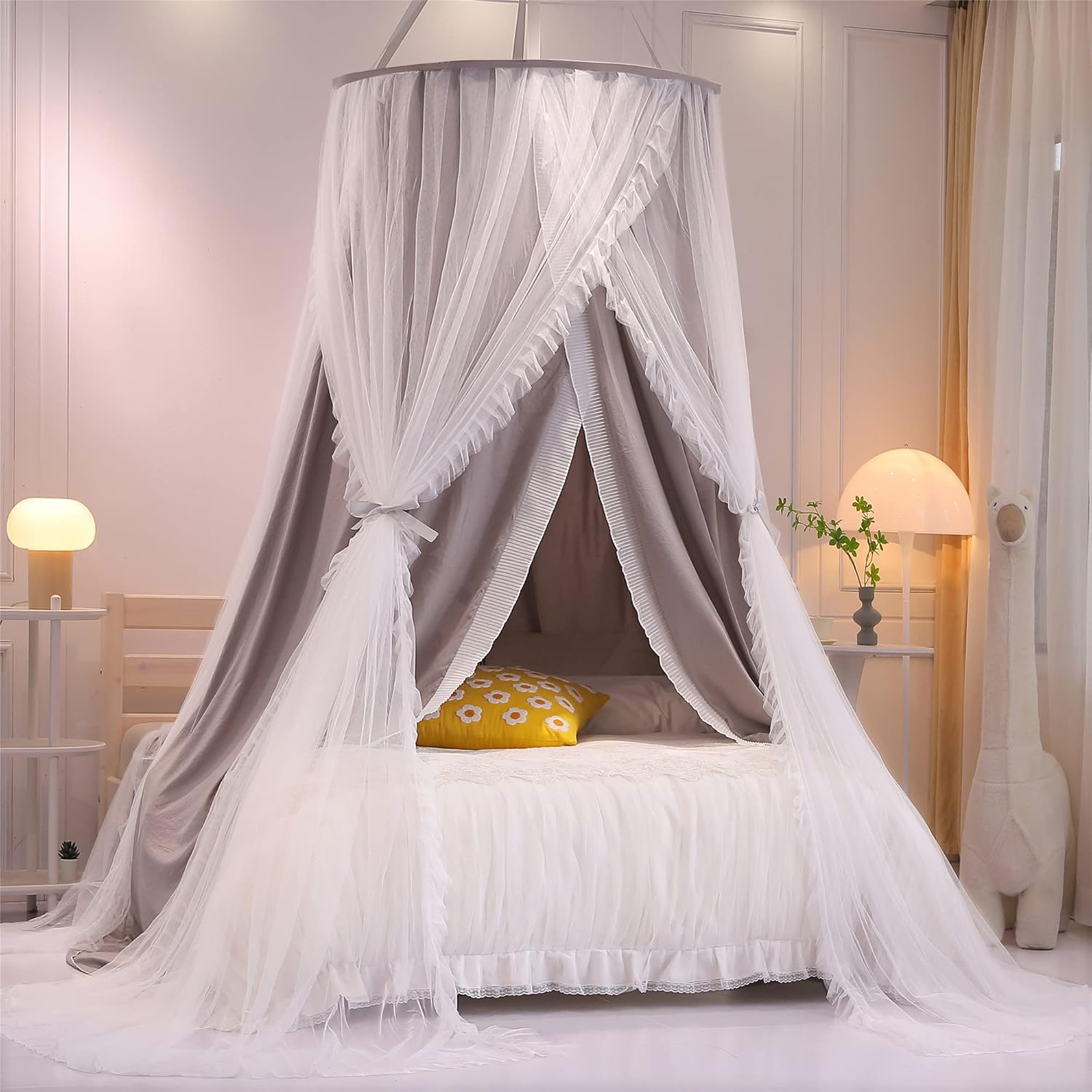 VETHIN Double Layer Princess Round Dome Canopy Bed Curtain for Girls Adults,Children Dreamy Mosquito Net,Cute Bedroom Decoration Castle Play Tent Reading Nook Canopies(Dome-Pink/White)