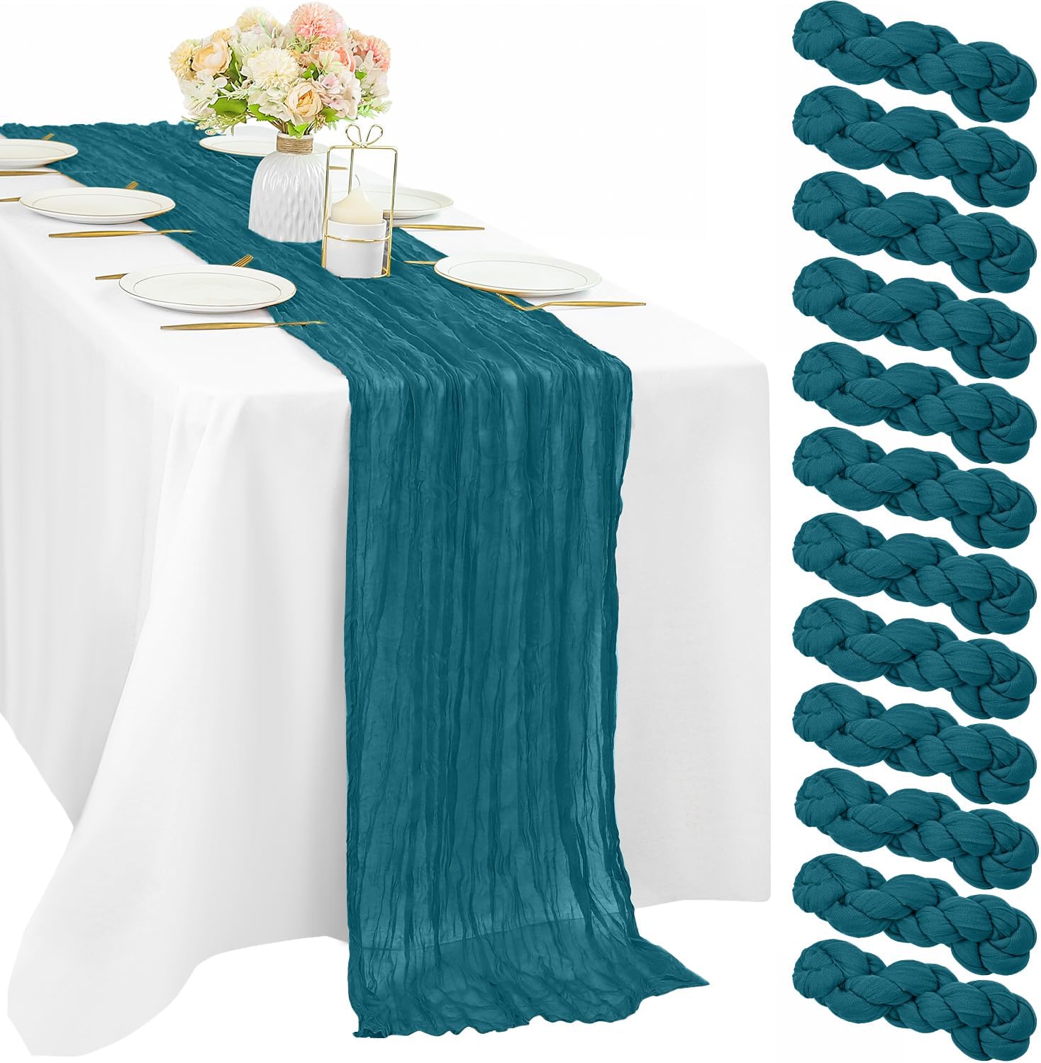 12 Pcs 10FT Sage Green Cheesecloth Table Runner 35 x 120 Inches Long Runner for Tables Gauze Fabric Boho Table Runner Decoration Rustic Sheer Runner for Wedding Baby Shower Birthday Party (Sage Green)