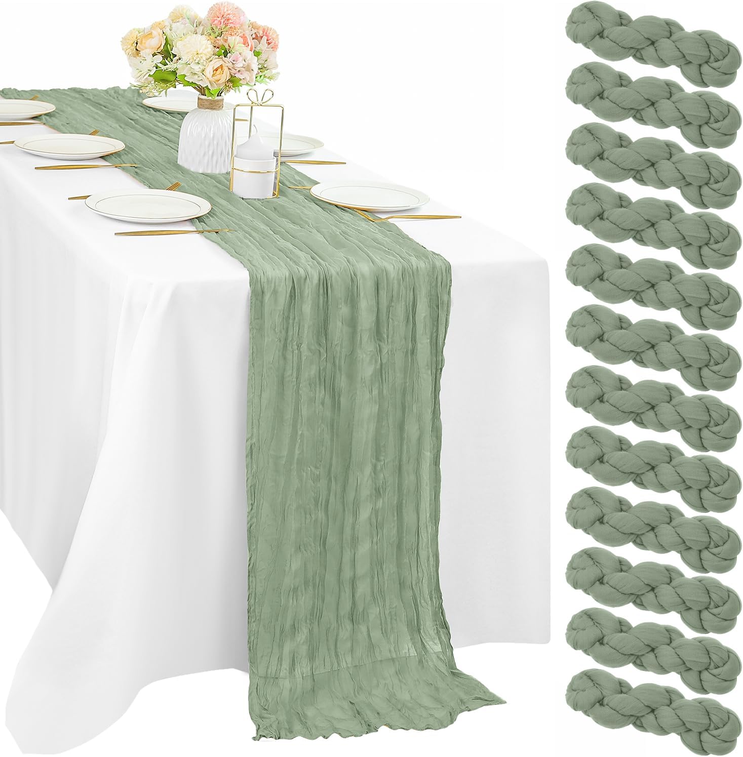 12 Pcs 10FT Sage Green Cheesecloth Table Runner 35 x 120 Inches Long Runner for Tables Gauze Fabric Boho Table Runner Decoration Rustic Sheer Runner for Wedding Baby Shower Birthday Party (Sage Green)