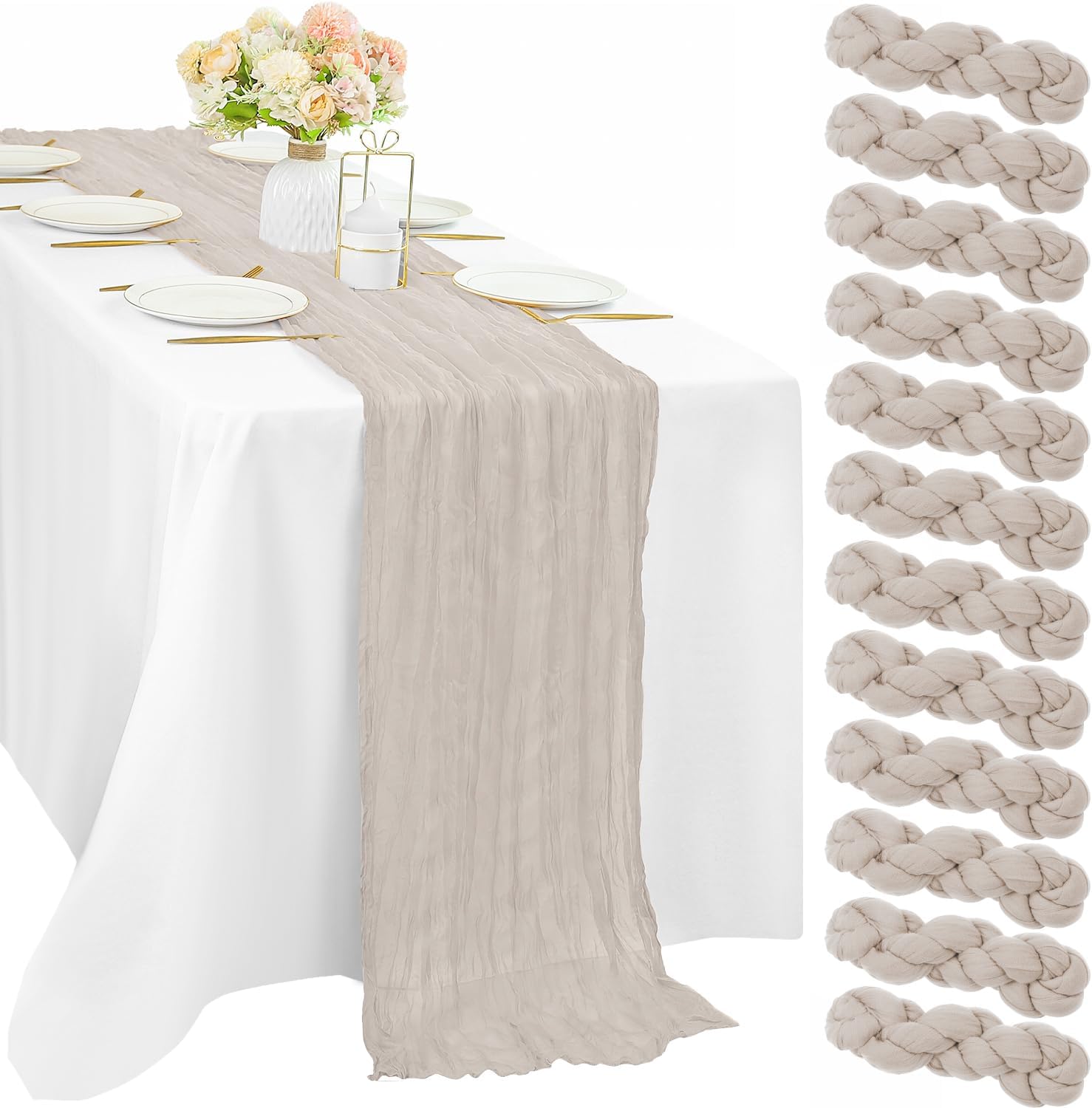 12 Pcs 10FT Sage Green Cheesecloth Table Runner 35 x 120 Inches Long Runner for Tables Gauze Fabric Boho Table Runner Decoration Rustic Sheer Runner for Wedding Baby Shower Birthday Party (Sage Green)