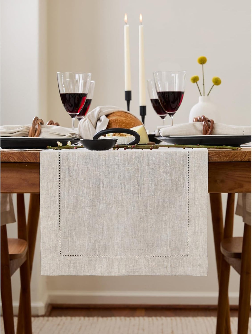 Solino Home Linen Hemstitch Table Runner 120 Inches Long - 100% Pure Linen Light Natural Table Runner 14 x 120 Inch for Spring, Easter - Classic Hemstitch