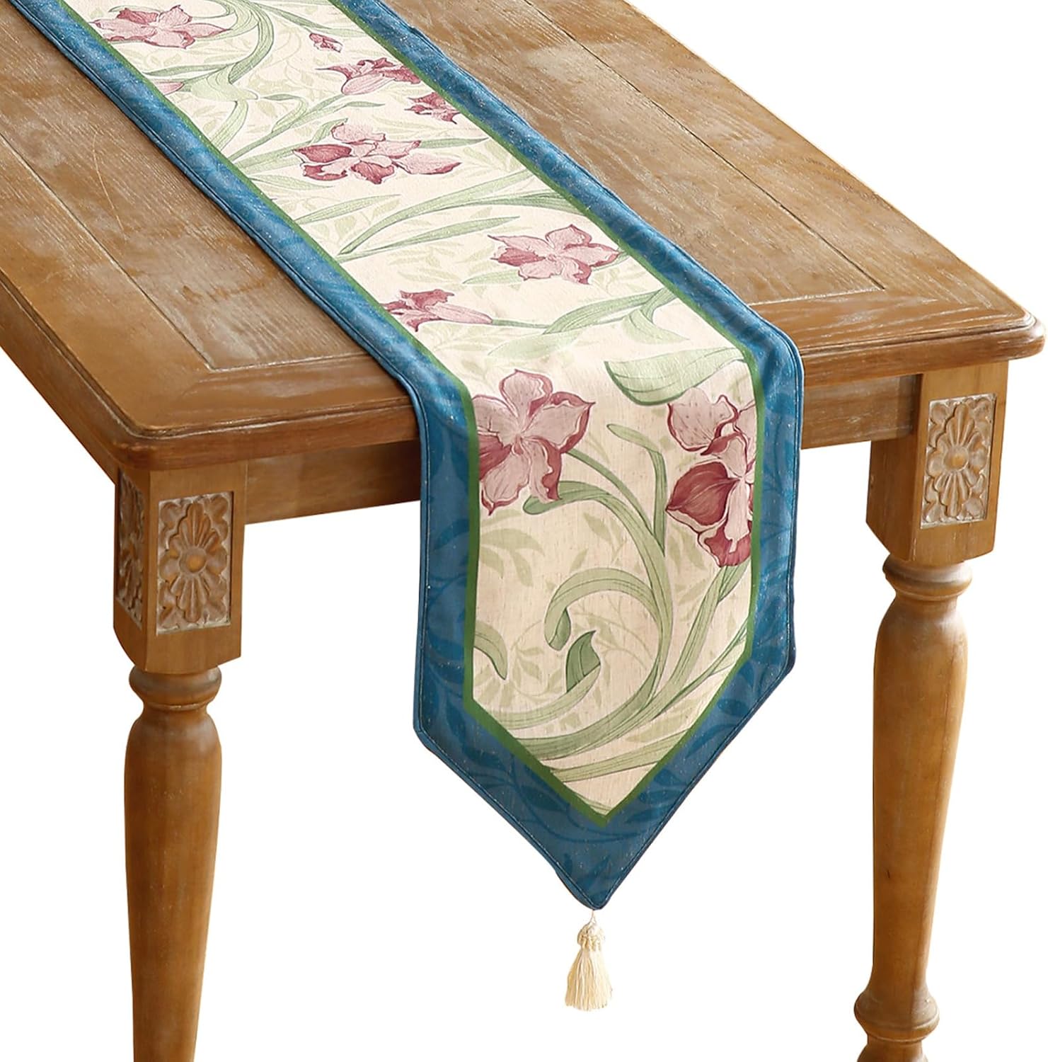 patdrea Designer Blue Cottage Rustic Floral Patterned Linen Table Runner 102 Inch Long,Wrinkle Resistant Table Mat,Decoration for Kitchen Dining and Coffee Tables Banquet Christmas ,12"x102"