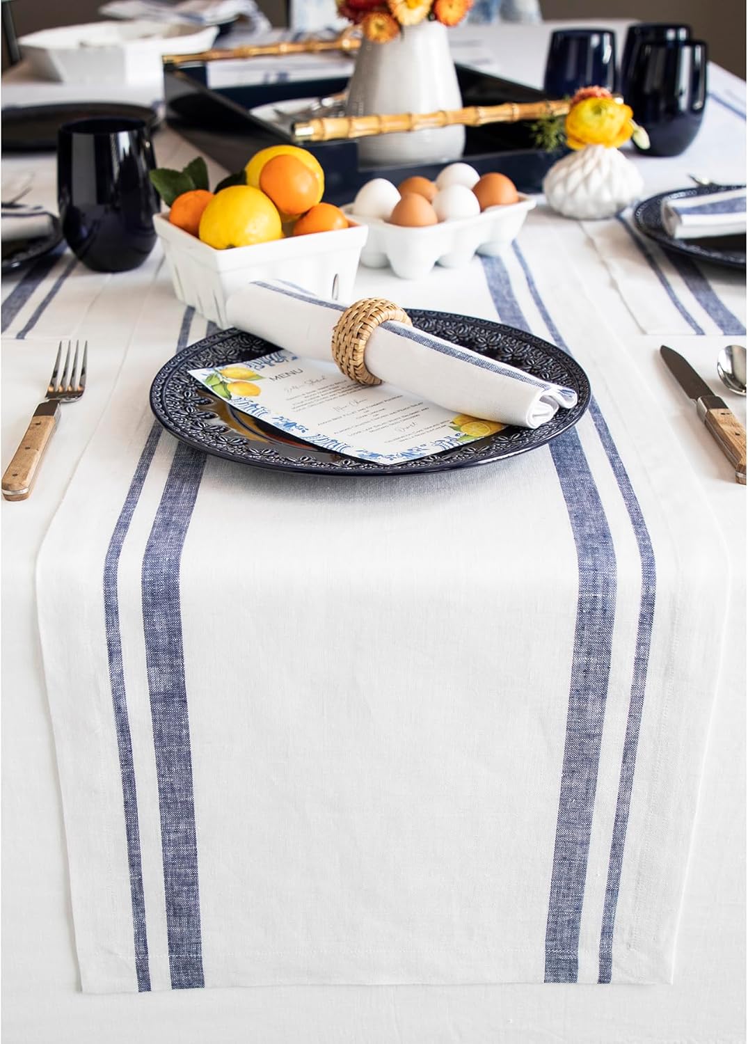 Solino Home Linen Table Runner 48 Inches - French Stripe, 100% Pure Linen Black and Natural Farmhouse Table Runner 14 x 48 Inch Ideal for Dresser and Coffee Tables - Spring, Easter