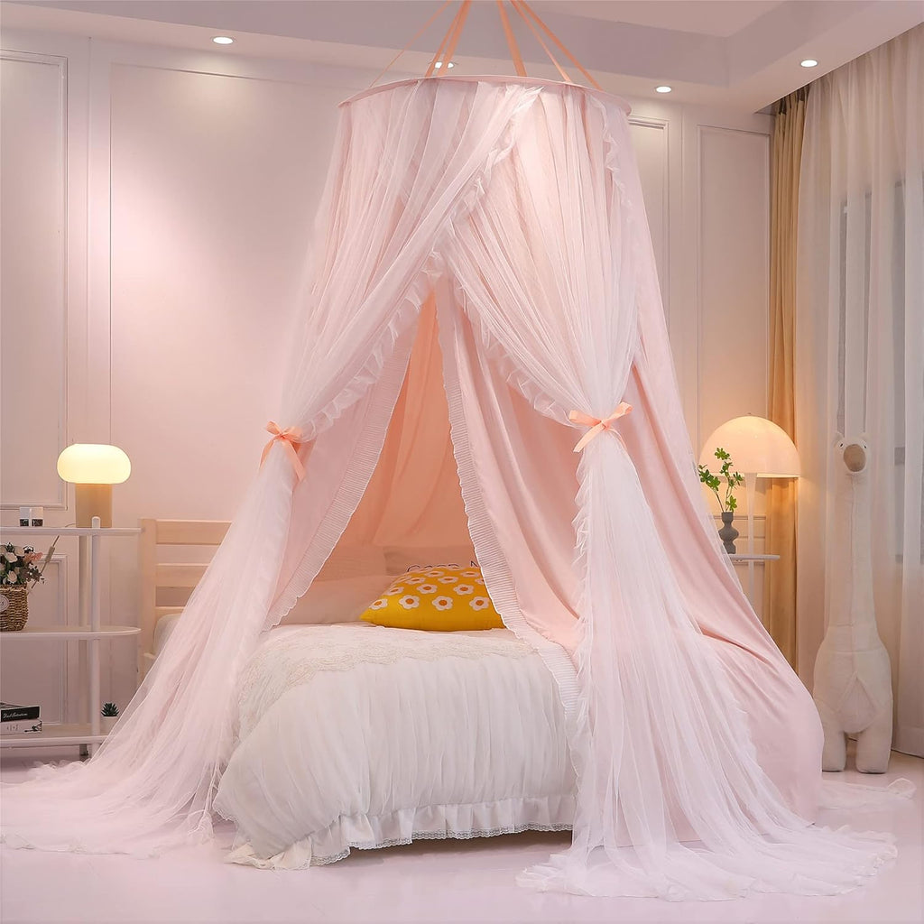 VETHIN Double Layer Princess Round Dome Canopy Bed Curtain for Girls Adults,Children Dreamy Mosquito Net,Cute Bedroom Decoration Castle Play Tent Reading Nook Canopies(Dome-Pink/White)