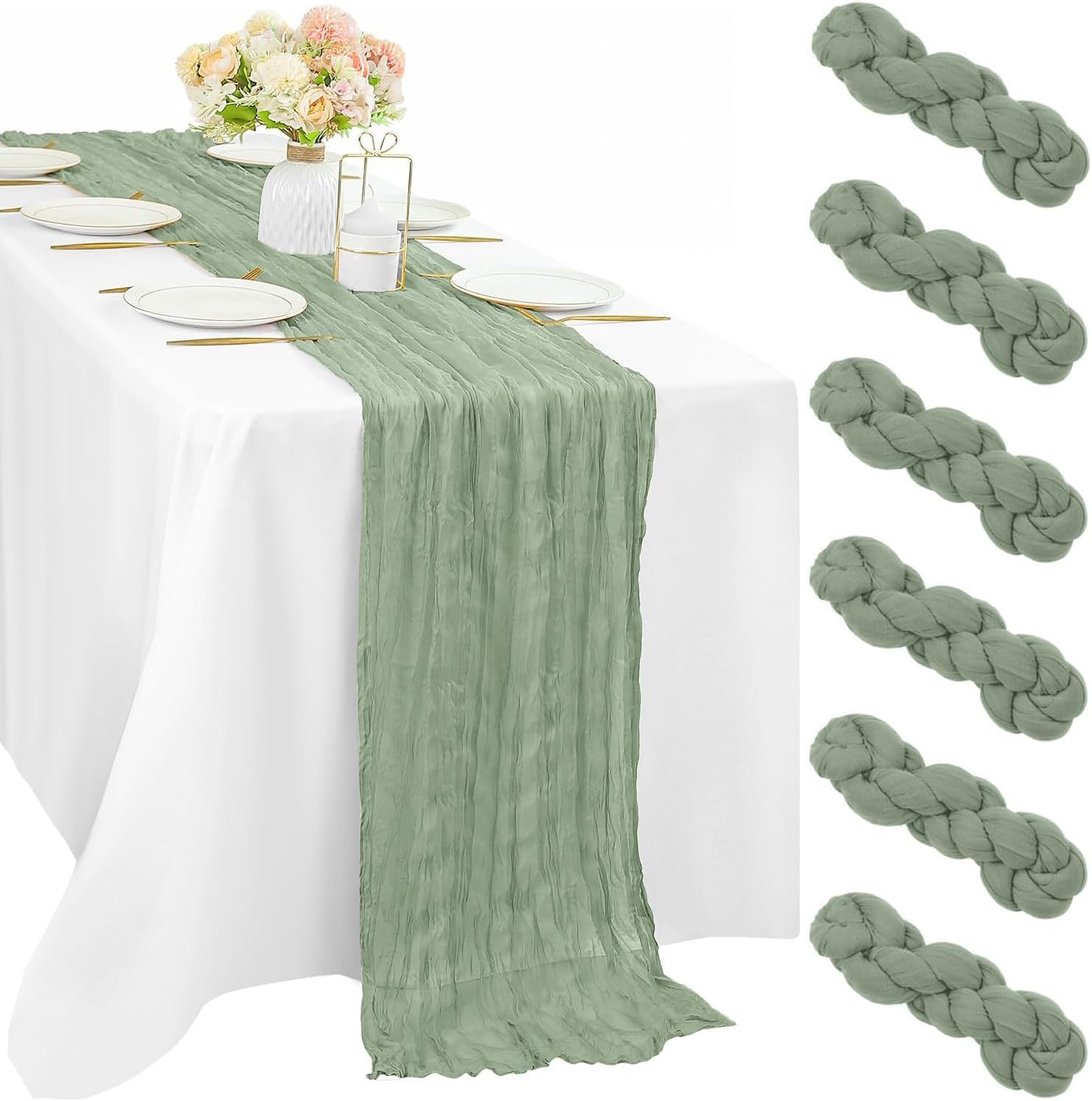 12 Pcs 10FT Sage Green Cheesecloth Table Runner 35 x 120 Inches Long Runner for Tables Gauze Fabric Boho Table Runner Decoration Rustic Sheer Runner for Wedding Baby Shower Birthday Party (Sage Green)