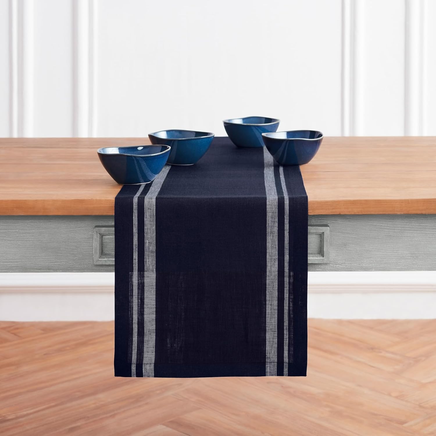 Solino Home Linen Table Runner 48 Inches - French Stripe, 100% Pure Linen Black and Natural Farmhouse Table Runner 14 x 48 Inch Ideal for Dresser and Coffee Tables - Spring, Easter