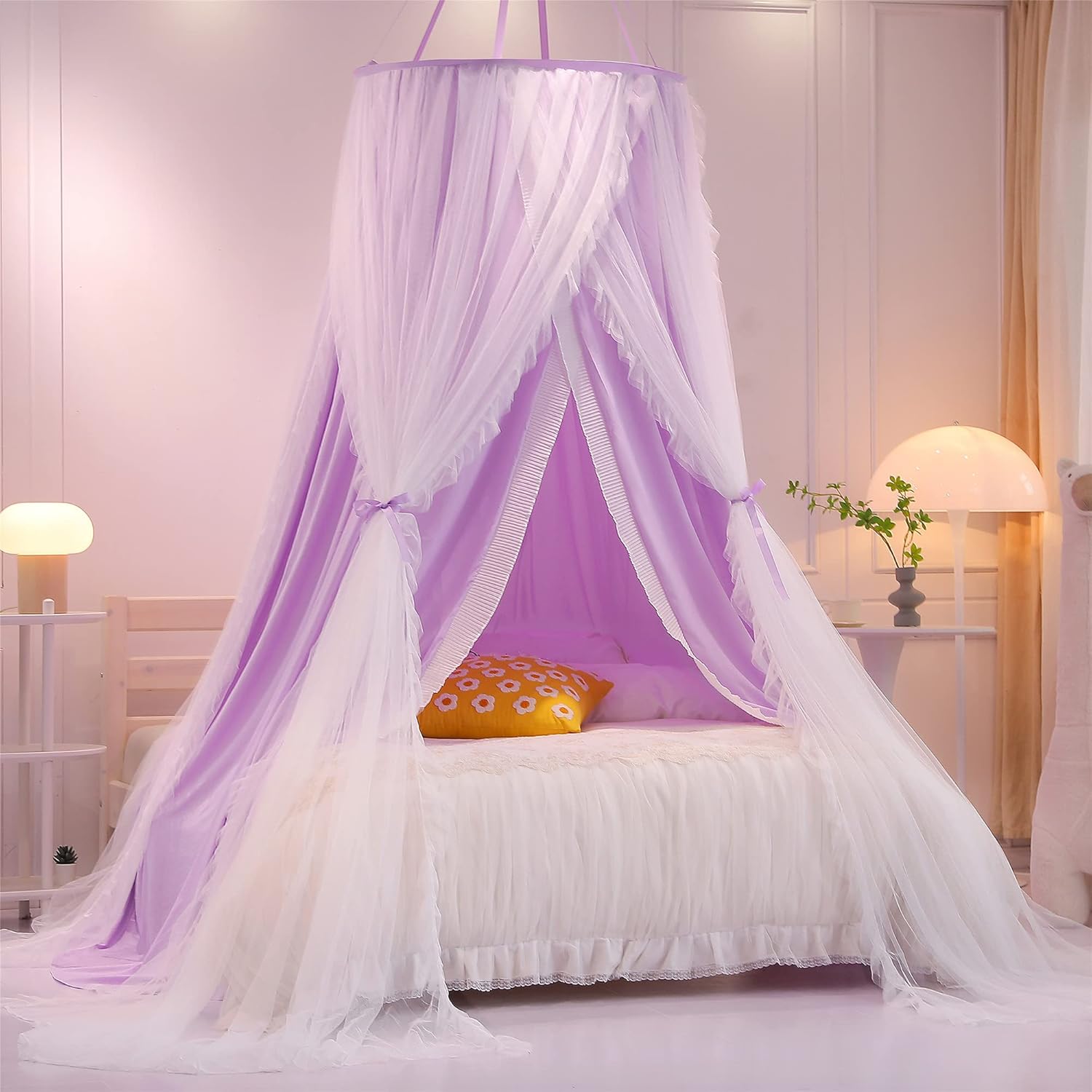 VETHIN Double Layer Princess Round Dome Canopy Bed Curtain for Girls Adults,Children Dreamy Mosquito Net,Cute Bedroom Decoration Castle Play Tent Reading Nook Canopies(Dome-Pink/White)