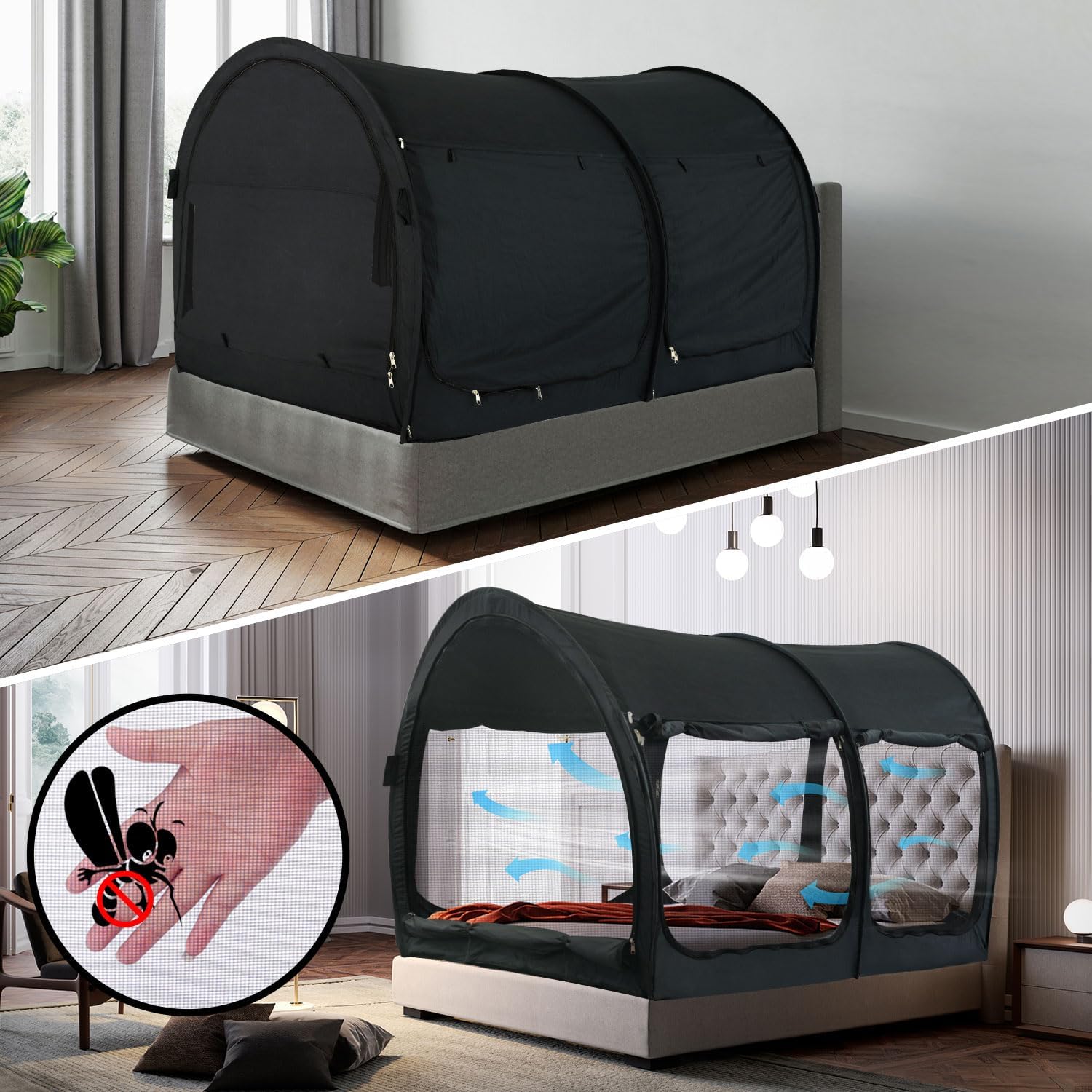 Alvantor® Bed Canopy Bed Tents Dream Tents Privacy Space Twin Size Sleeping Tent Indoor Pop Up Portable Frame Curtains Breathable Grey Cottage (Mattress Not Included) Reducing Light