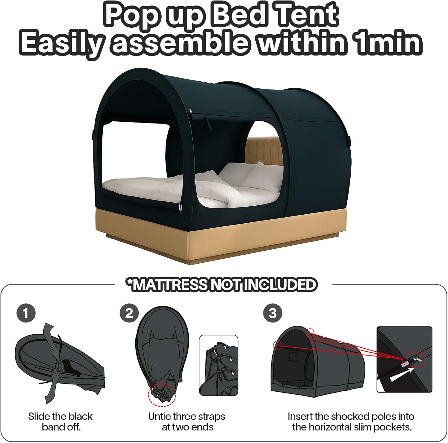 Alvantor® Bed Canopy Bed Tents Dream Tents Privacy Space Twin Size Sleeping Tent Indoor Pop Up Portable Frame Curtains Breathable Grey Cottage (Mattress Not Included) Reducing Light