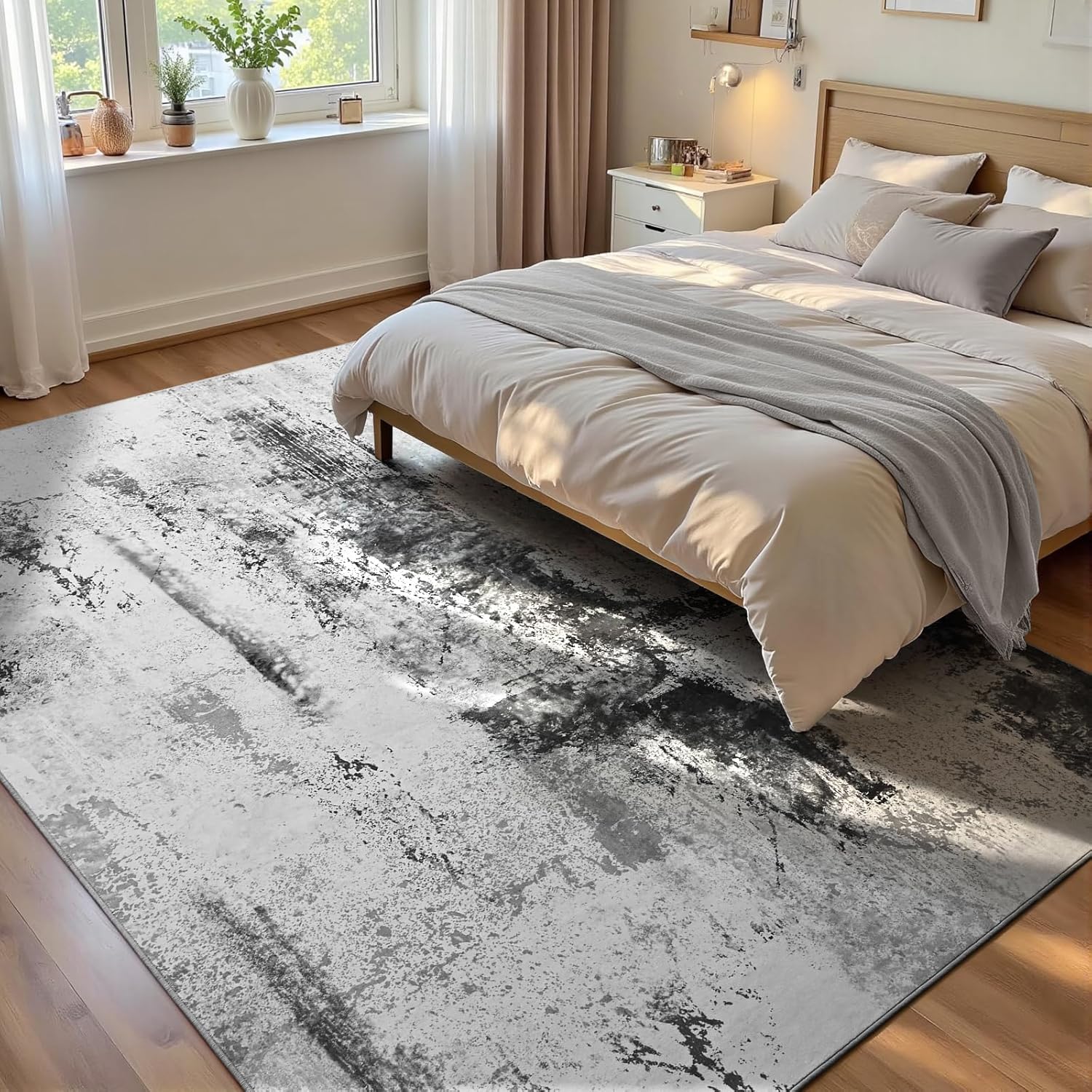 Living Room Rug 8x10 Gray Area Rugs Machine Washable Abstract Boho Large Rug Non-Slip Non-Shedding Faux Wool Indoor Vintage Carpet for Bedroom, Classroom, Dining Room, Kids Playroom