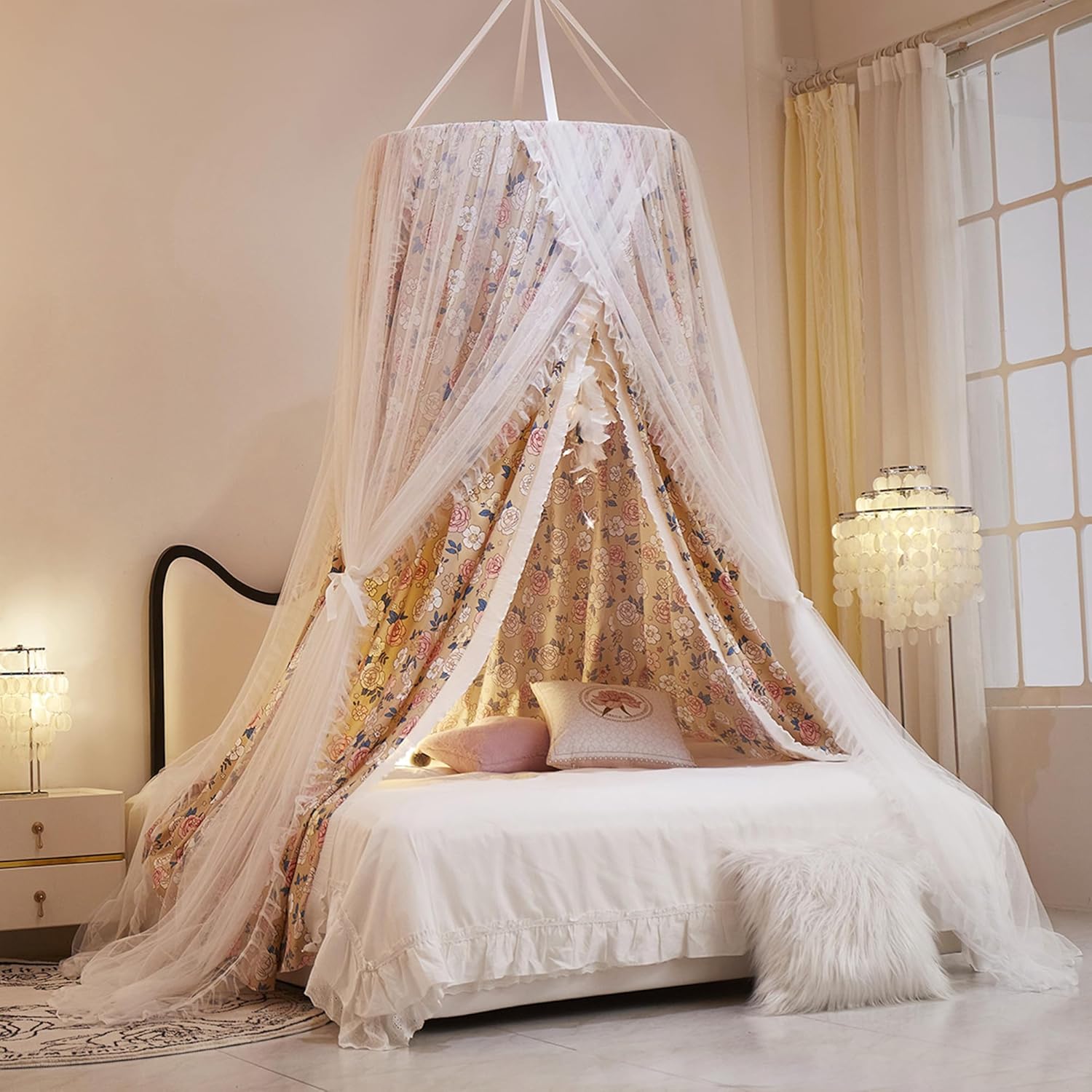 VETHIN Double Layer Princess Round Dome Canopy Bed Curtain for Girls Adults,Children Dreamy Mosquito Net,Cute Bedroom Decoration Castle Play Tent Reading Nook Canopies(Dome-Pink/White)