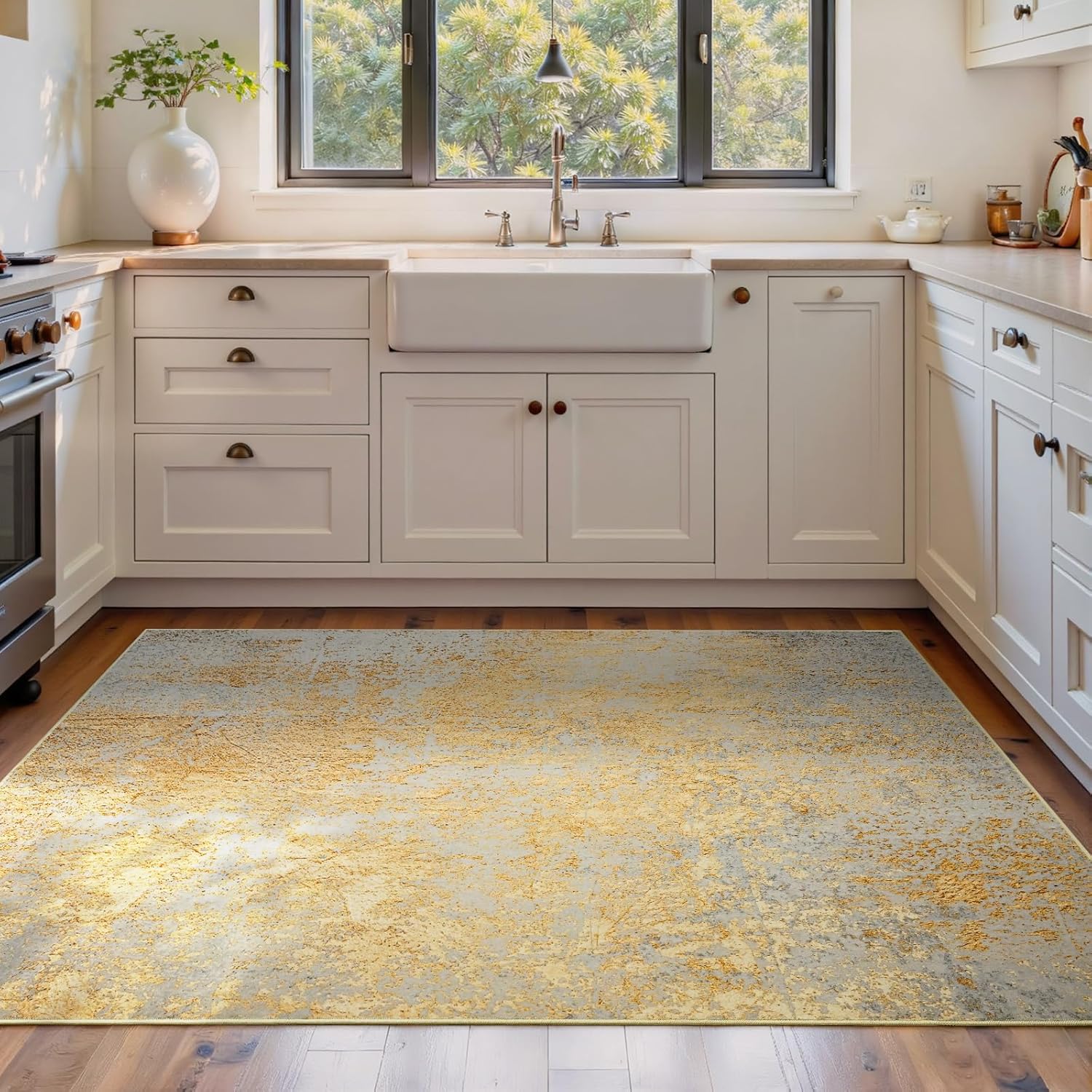 Living Room Rug 8x10 Gray Area Rugs Machine Washable Abstract Boho Large Rug Non-Slip Non-Shedding Faux Wool Indoor Vintage Carpet for Bedroom, Classroom, Dining Room, Kids Playroom