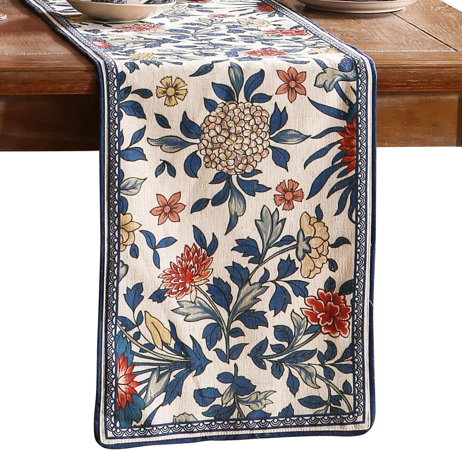 patdrea Designer Blue Cottage Rustic Floral Patterned Linen Table Runner 102 Inch Long,Wrinkle Resistant Table Mat,Decoration for Kitchen Dining and Coffee Tables Banquet Christmas ,12"x102"