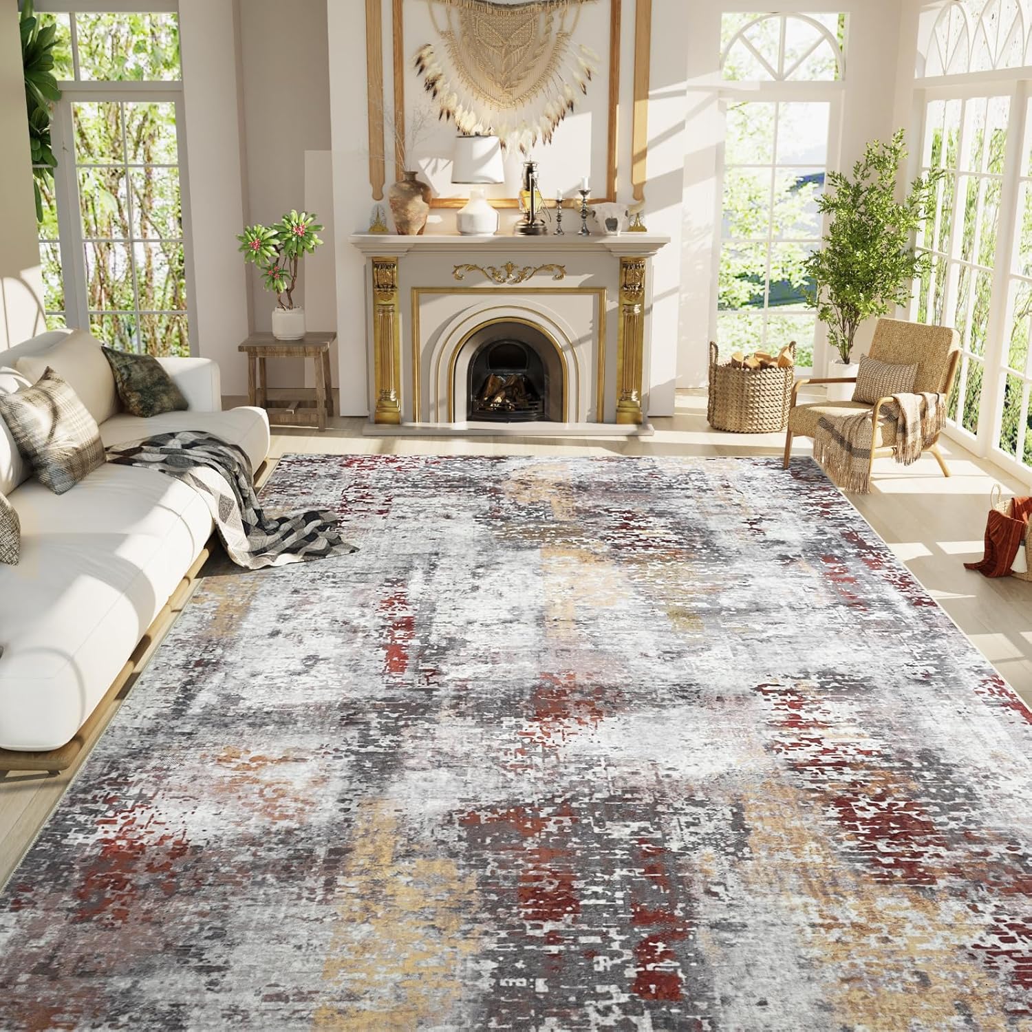 Living Room Rug 8x10 Gray Area Rugs Machine Washable Abstract Boho Large Rug Non-Slip Non-Shedding Faux Wool Indoor Vintage Carpet for Bedroom, Classroom, Dining Room, Kids Playroom