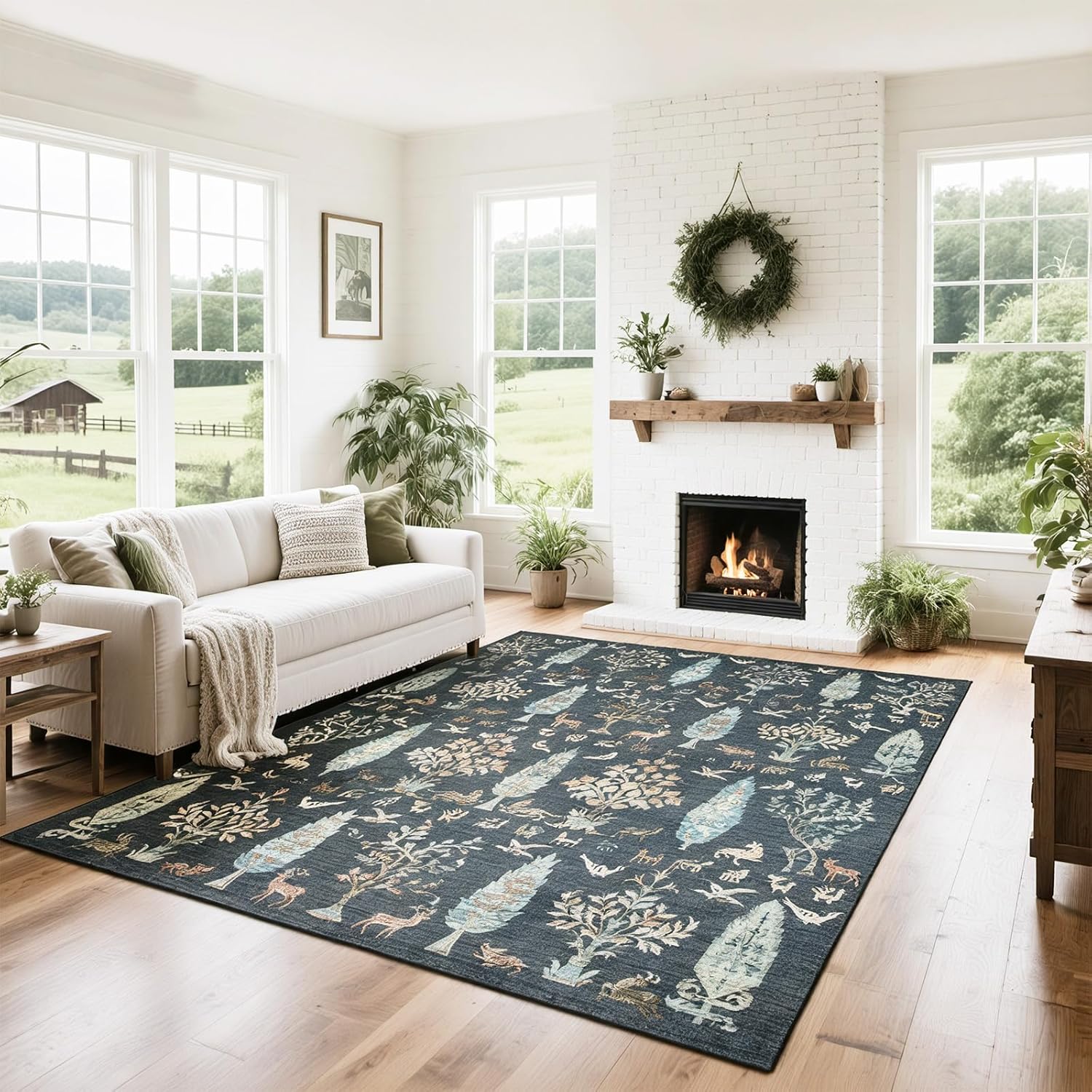Srugn Washable Rugs 8x10 Area Rugs for Living Room,Ultra Soft Faux Wool Retro Rugs for Bedroom,Dining Room,Non Slip&Non-Shedding Low Pile Vintage Print Rug Indoor Large Carpets for Home Office Decor