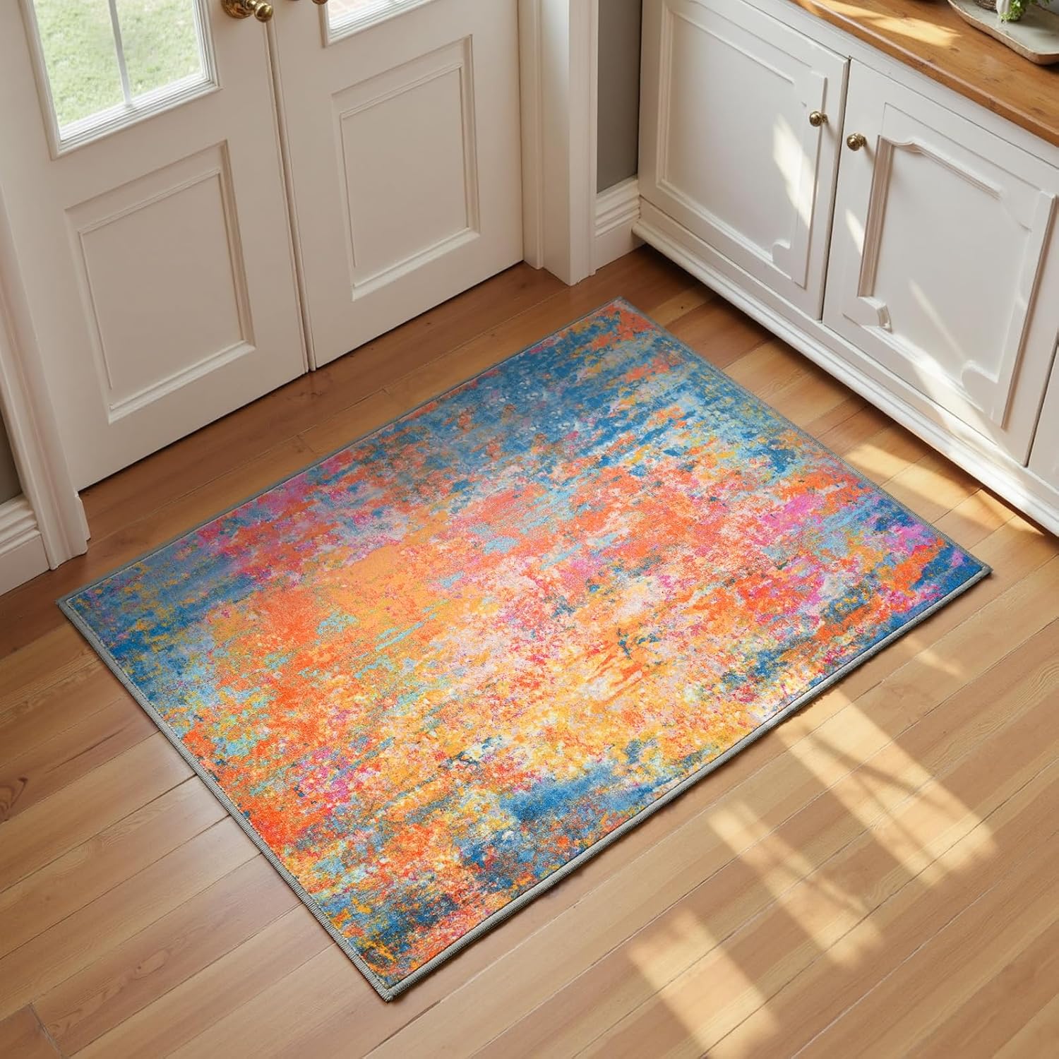 Living Room Rug 8x10 Gray Area Rugs Machine Washable Abstract Boho Large Rug Non-Slip Non-Shedding Faux Wool Indoor Vintage Carpet for Bedroom, Classroom, Dining Room, Kids Playroom